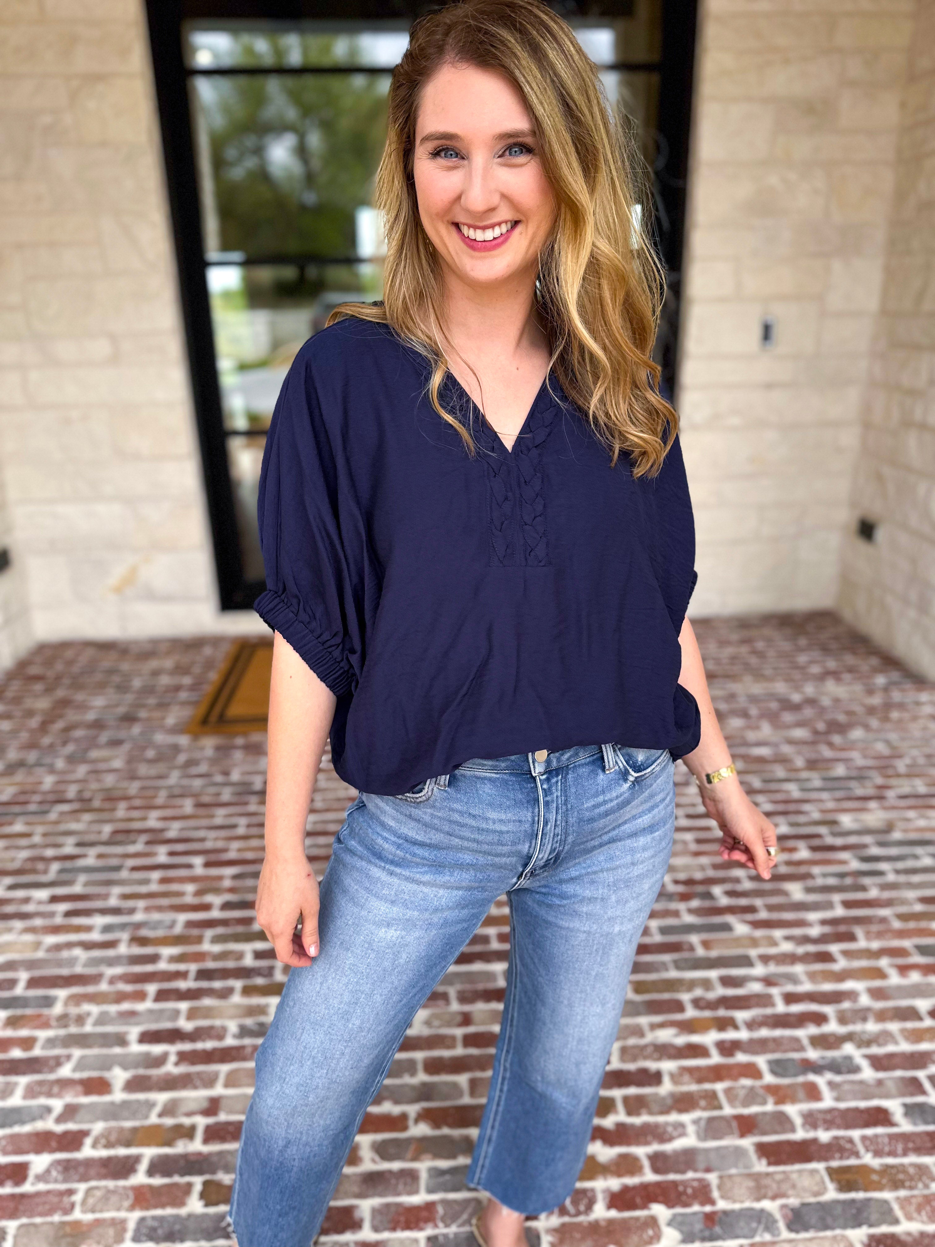 Braided Blouse - Navy-200 Fashion Blouses-ENTRO-July & June Women's Fashion Boutique Located in San Antonio, Texas