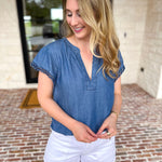 Current Air - Chambray Details Blouse-200 Fashion Blouses-CURRENT AIR CLOTHING-July & June Women's Fashion Boutique Located in San Antonio, Texas