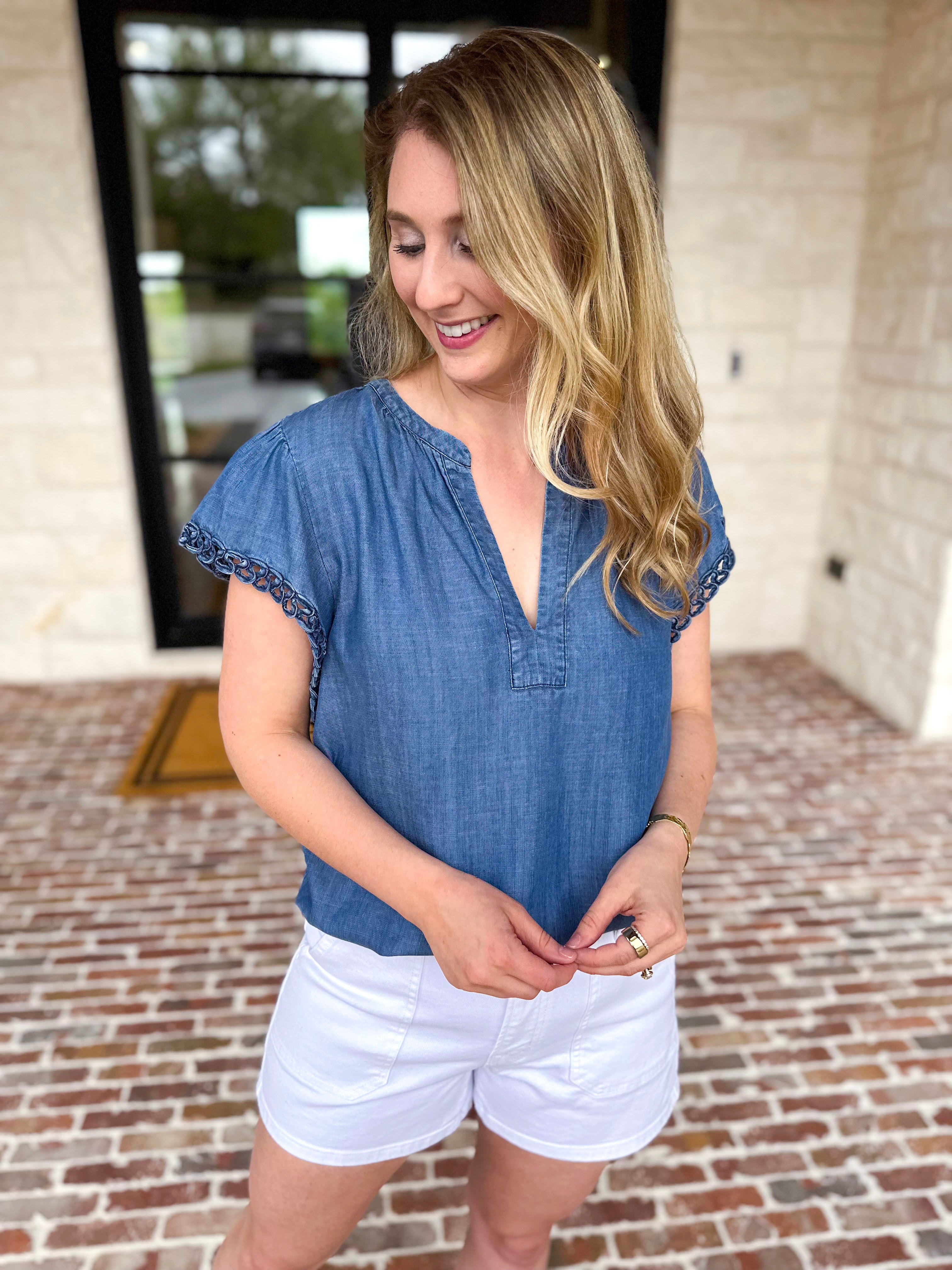 Current Air - Chambray Details Blouse-200 Fashion Blouses-CURRENT AIR CLOTHING-July & June Women's Fashion Boutique Located in San Antonio, Texas