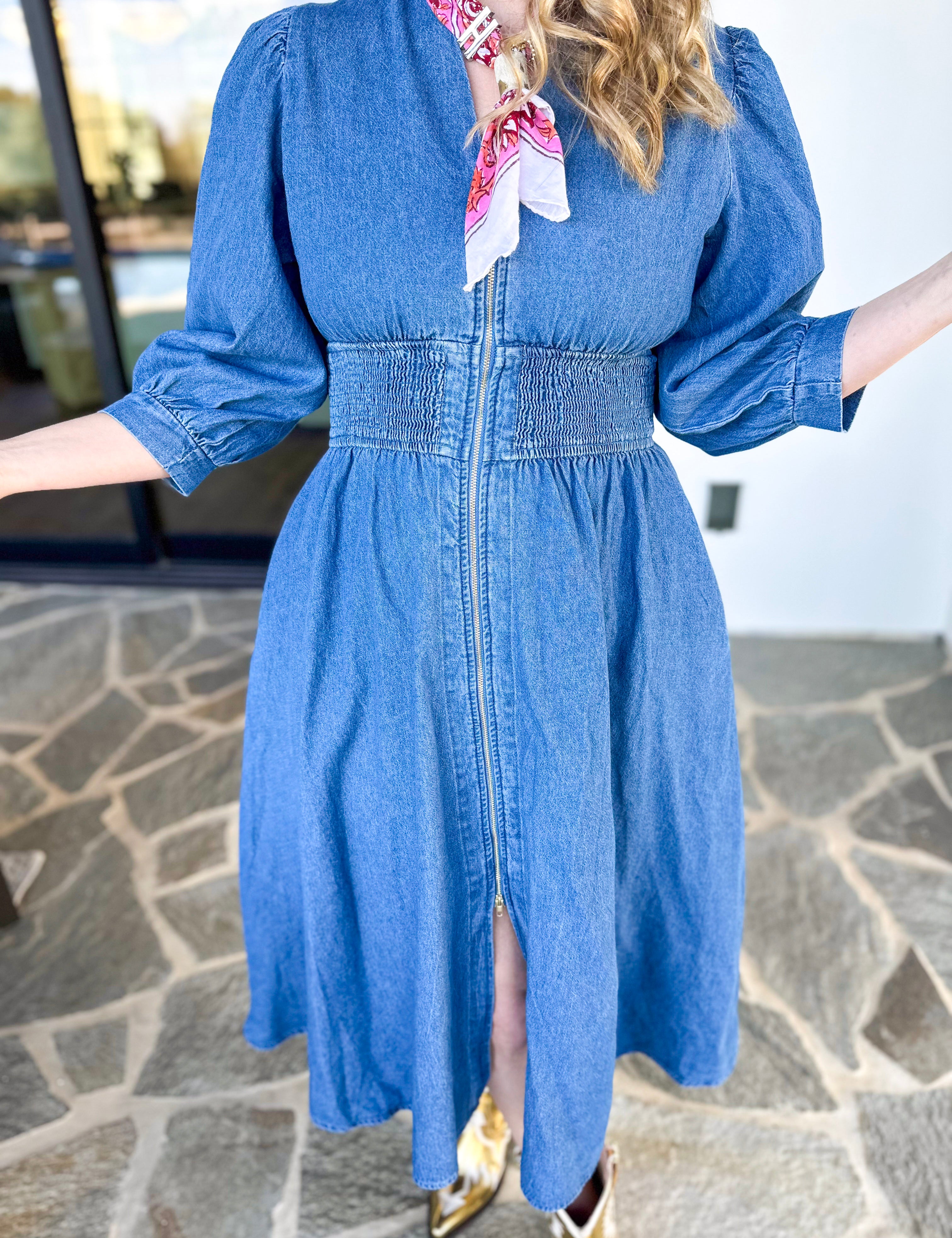 The Ella Denim Midi Dress-500 Midi-ENTRO-July & June Women's Fashion Boutique Located in San Antonio, Texas