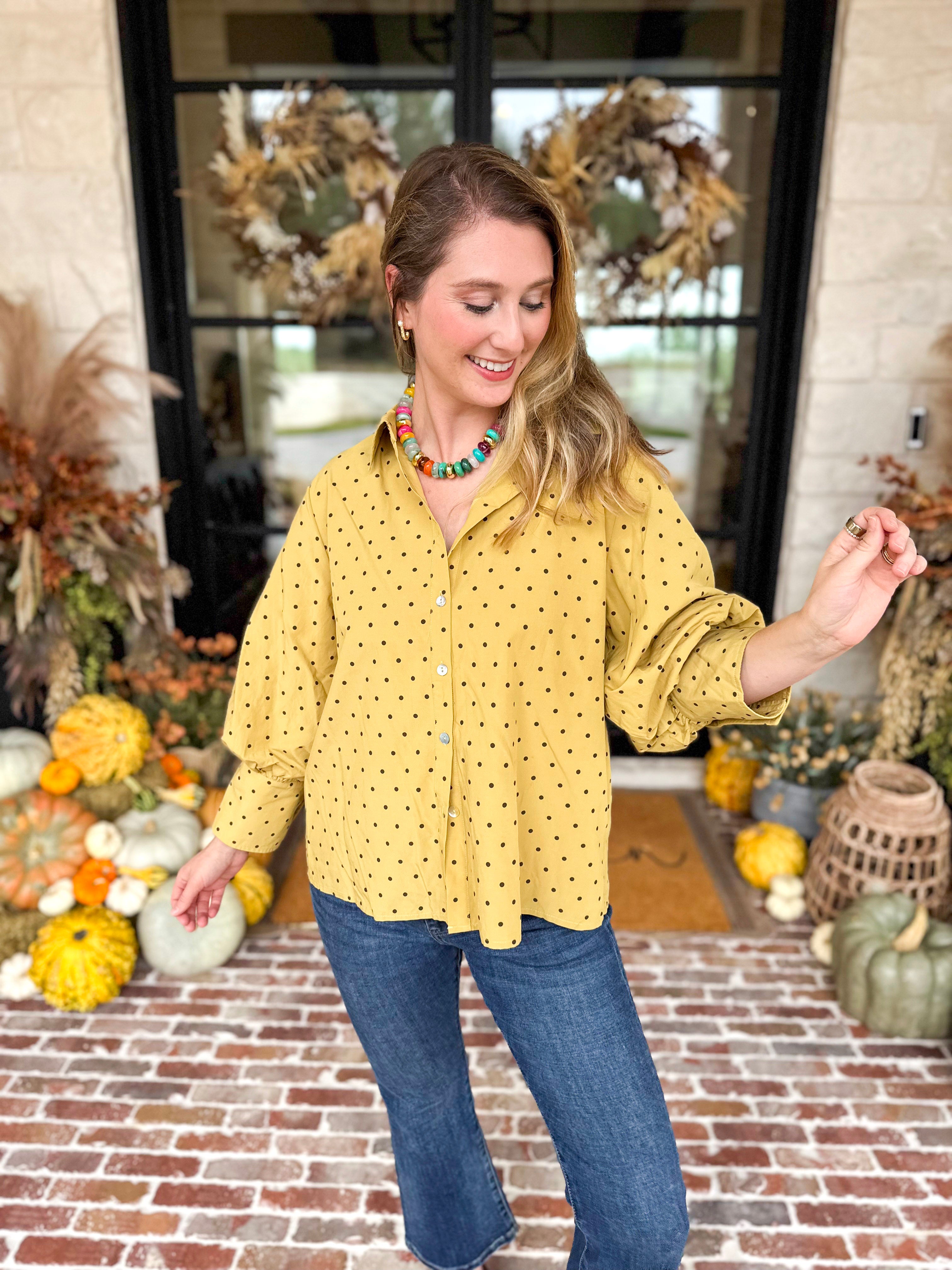 Golden Bubble Sleeve Blouse-200 Fashion Blouses-JODIFL-July & June Women's Fashion Boutique Located in San Antonio, Texas