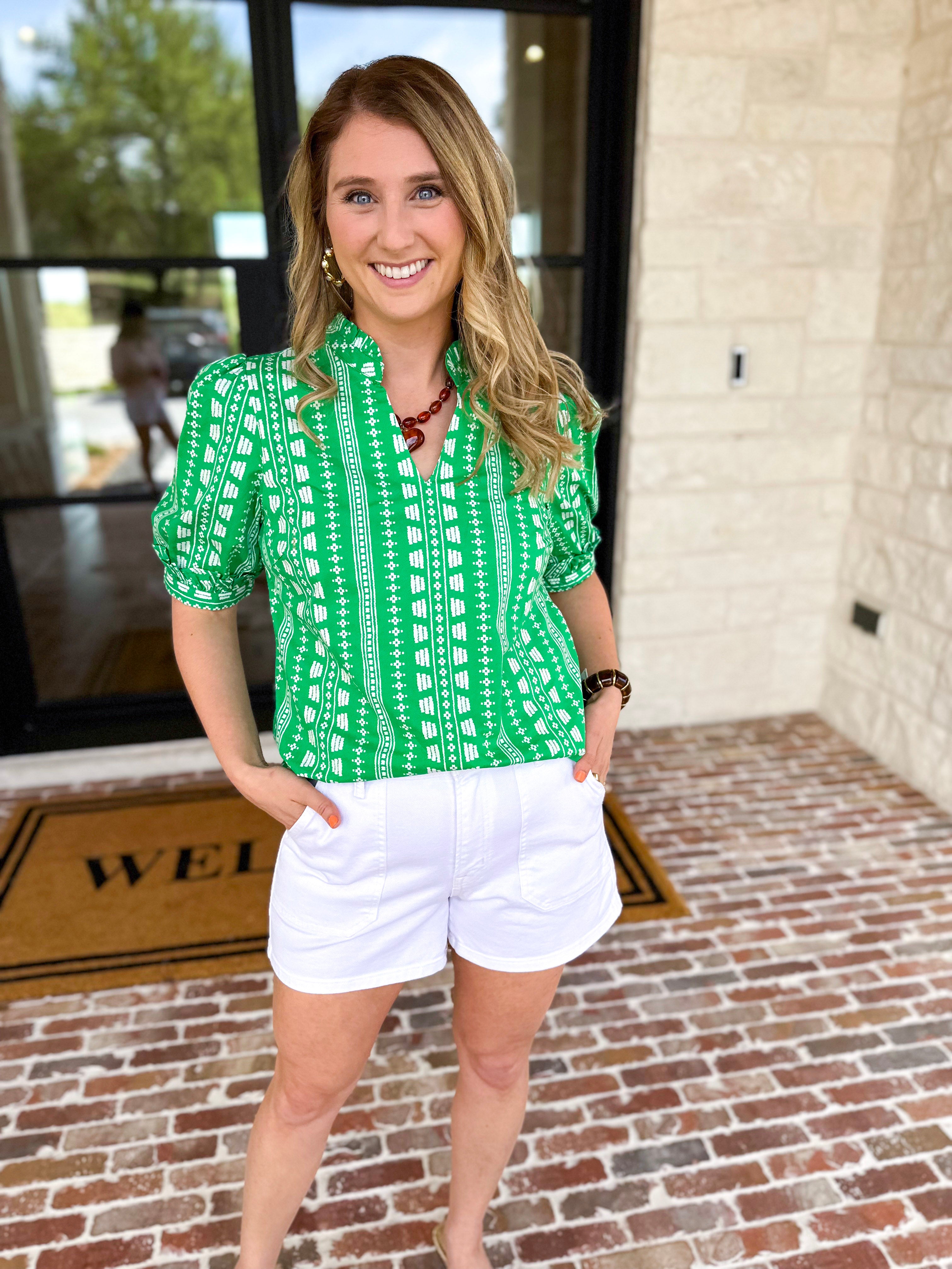 Mary Square - Colette Heritage Green Blouse-200 Fashion Blouses-MARY SQUARE-July & June Women's Fashion Boutique Located in San Antonio, Texas