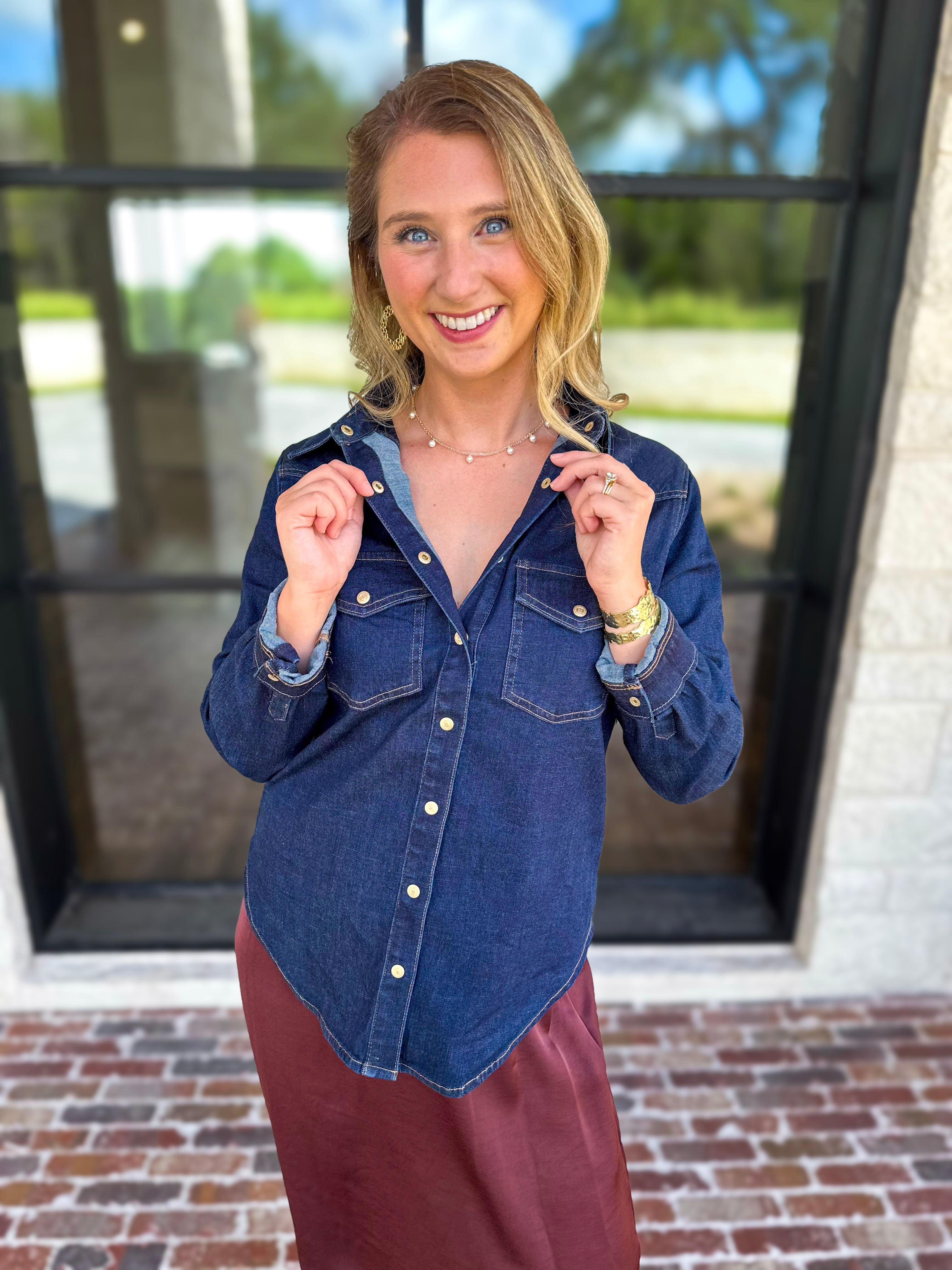 Liverpool - The Dakota Denim Button Down-200 Fashion Blouses-LIVERPOOL JEANS COMPANY-July & June Women's Fashion Boutique Located in San Antonio, Texas