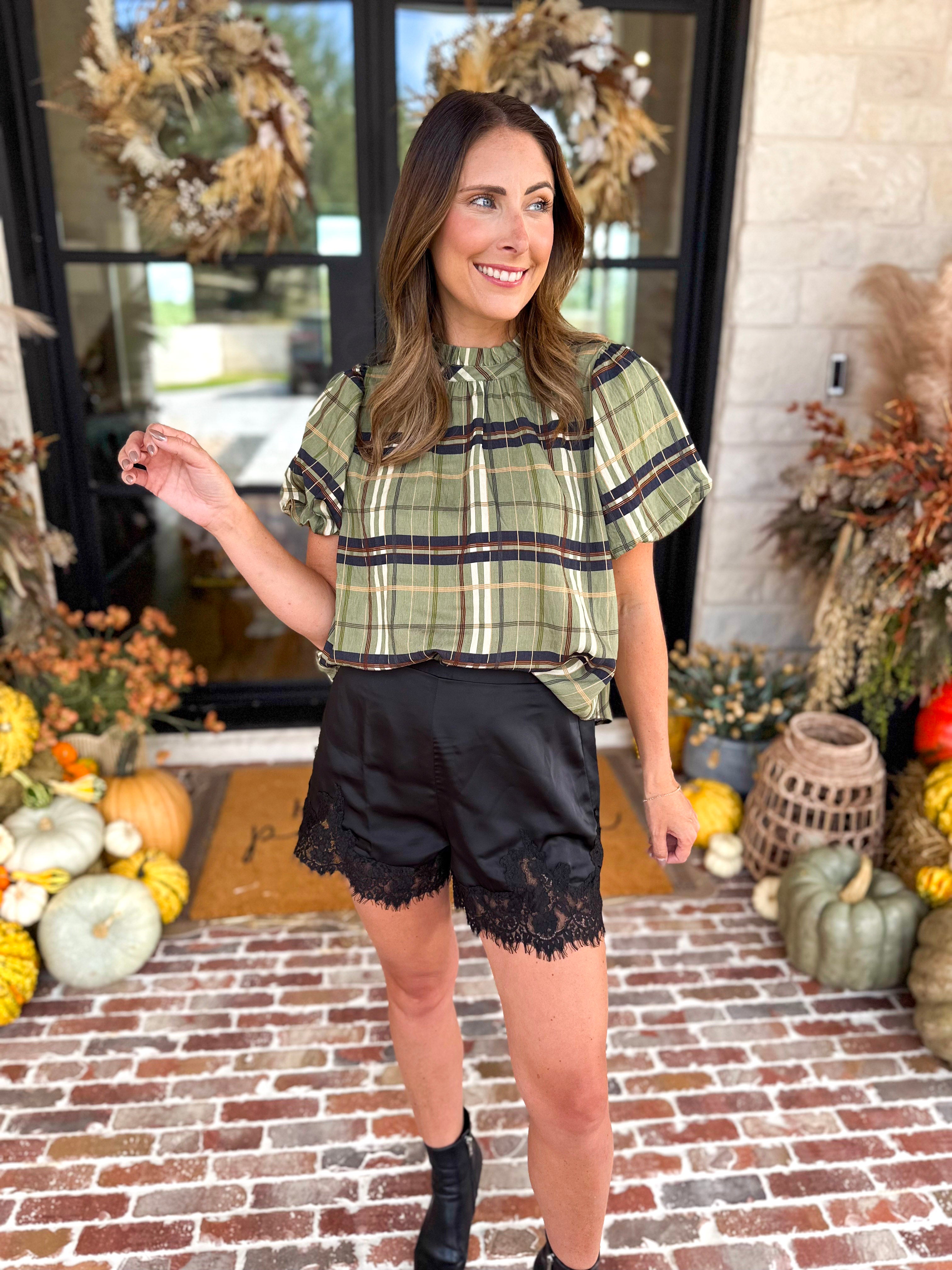 THML - Groves Plaid Ruffle Neck Blouse-200 Fashion Blouses-THML-July & June Women's Fashion Boutique Located in San Antonio, Texas