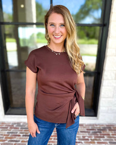 Essentials Knotted Blouse - Chocolate-200 Fashion Blouses-ENTRO-July & June Women's Fashion Boutique Located in San Antonio, Texas