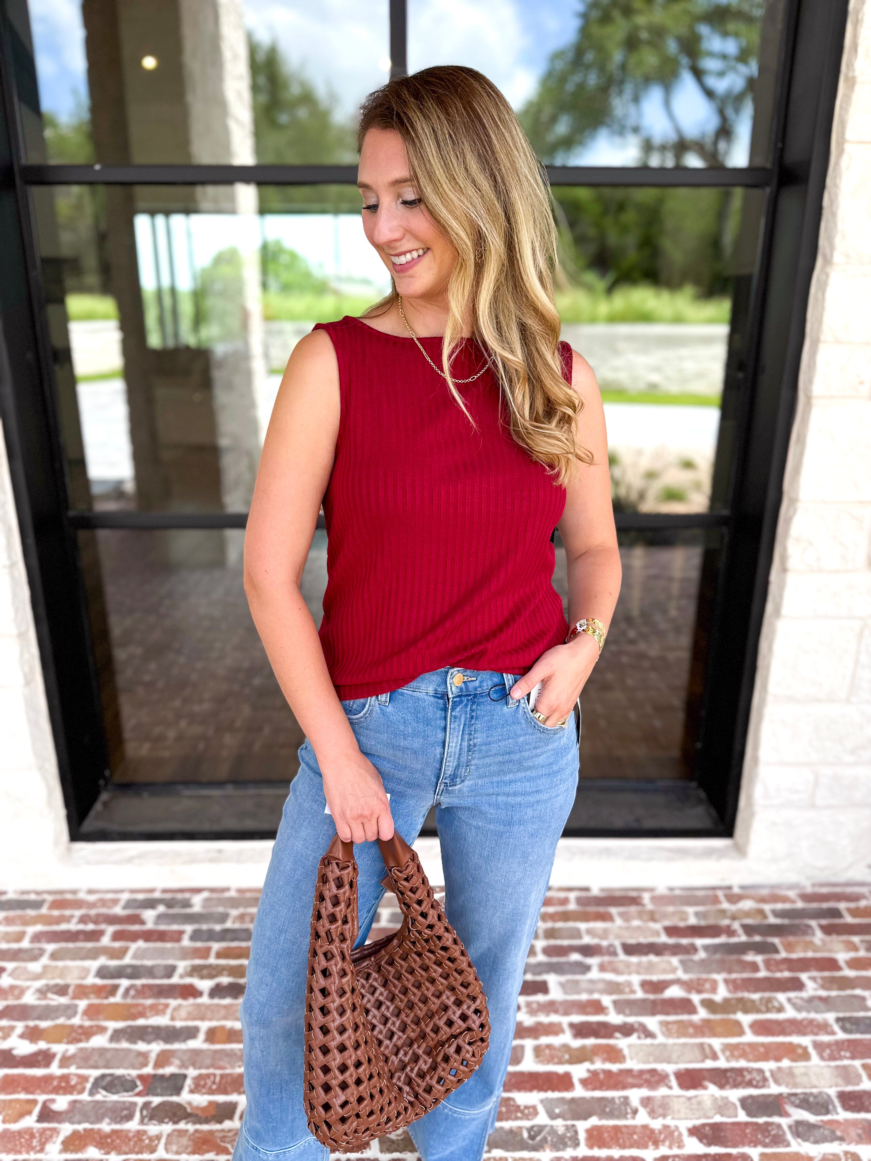 Liverpool - Classic Boatneck Knit Tank - Cranberry-210 Casual Blouses-LIVERPOOL JEANS COMPANY-July & June Women's Fashion Boutique Located in San Antonio, Texas