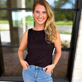 Liverpool - Classic Boatneck Knit Tank - Black-210 Casual Blouses-LIVERPOOL JEANS COMPANY-July & June Women's Fashion Boutique Located in San Antonio, Texas