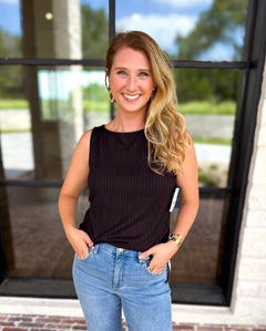 Liverpool - Classic Boatneck Knit Tank - Black-210 Casual Blouses-LIVERPOOL JEANS COMPANY-July & June Women's Fashion Boutique Located in San Antonio, Texas