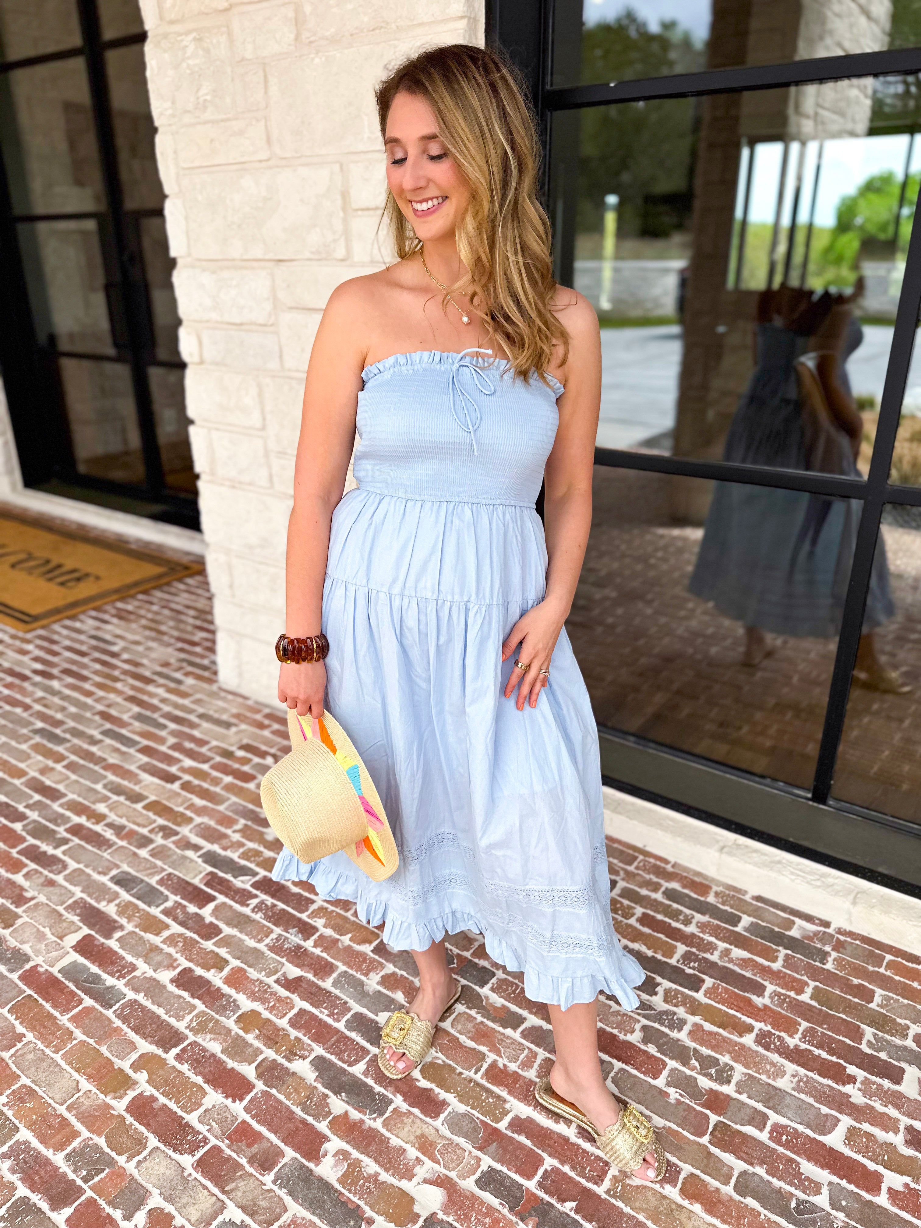 Sky Blue Strapless Midi Dress-500 Midi-MAIN STRIP-July & June Women's Fashion Boutique Located in San Antonio, Texas