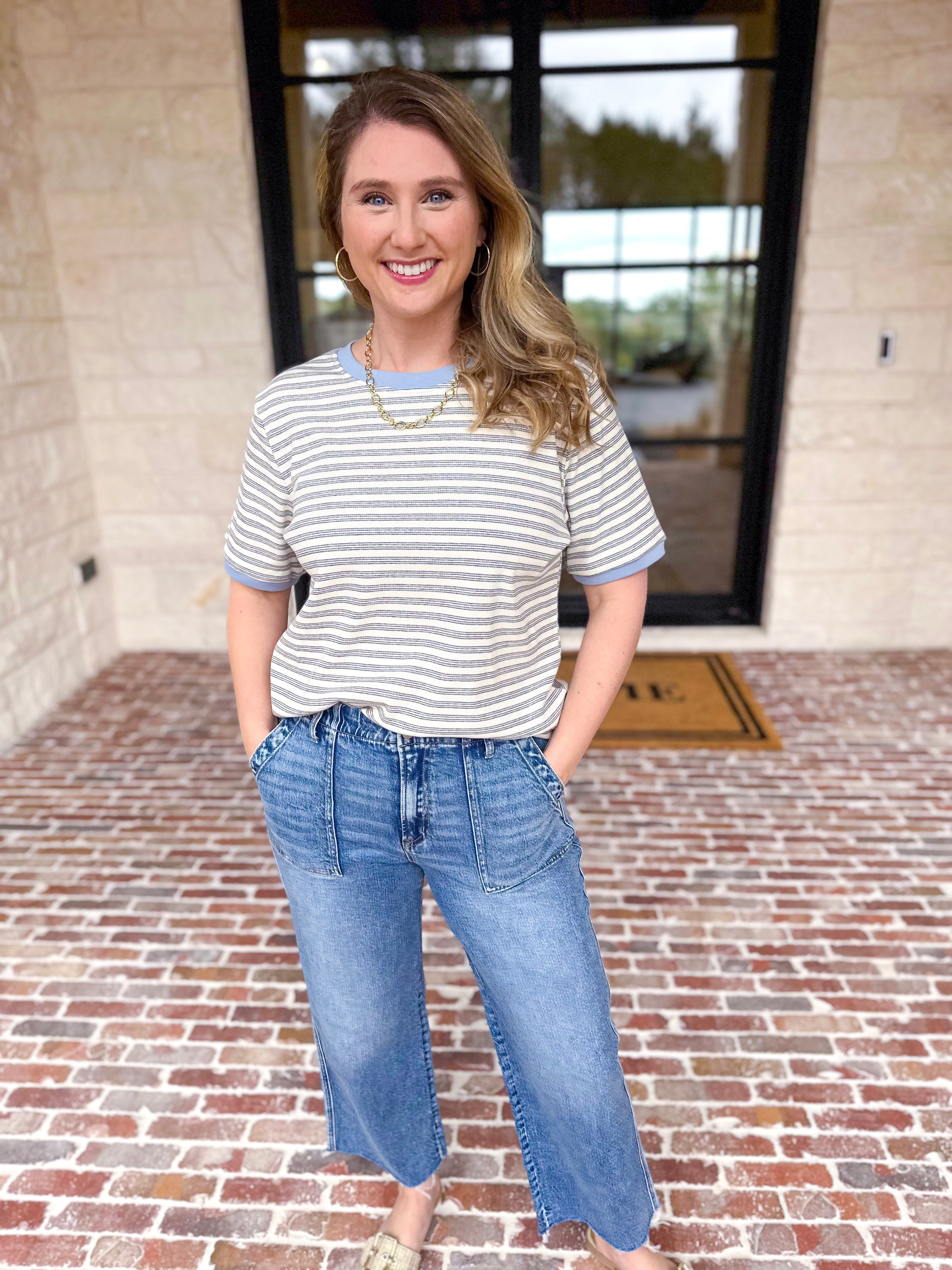 Casual Hangout Striped Tee - Blue-210 Casual Blouses-POLOGRAM-July & June Women's Fashion Boutique Located in San Antonio, Texas