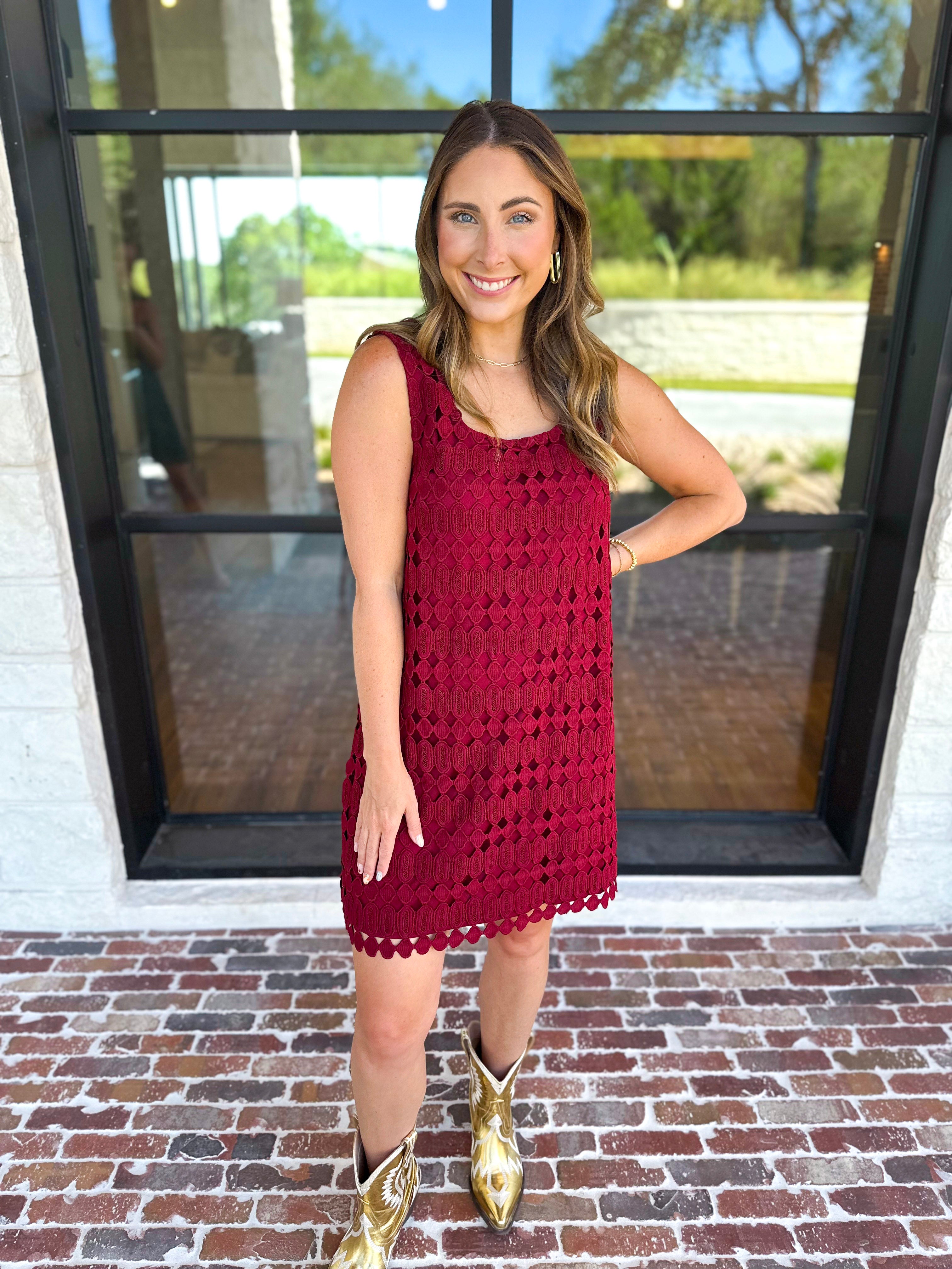 Crochet Overlay Mini Dress - Wine-510 Mini-ENTRO-July & June Women's Fashion Boutique Located in San Antonio, Texas