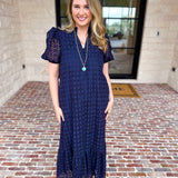 The Graceful Gathering Midi Dress - Navy-500 Midi-ENTRO-July & June Women's Fashion Boutique Located in San Antonio, Texas