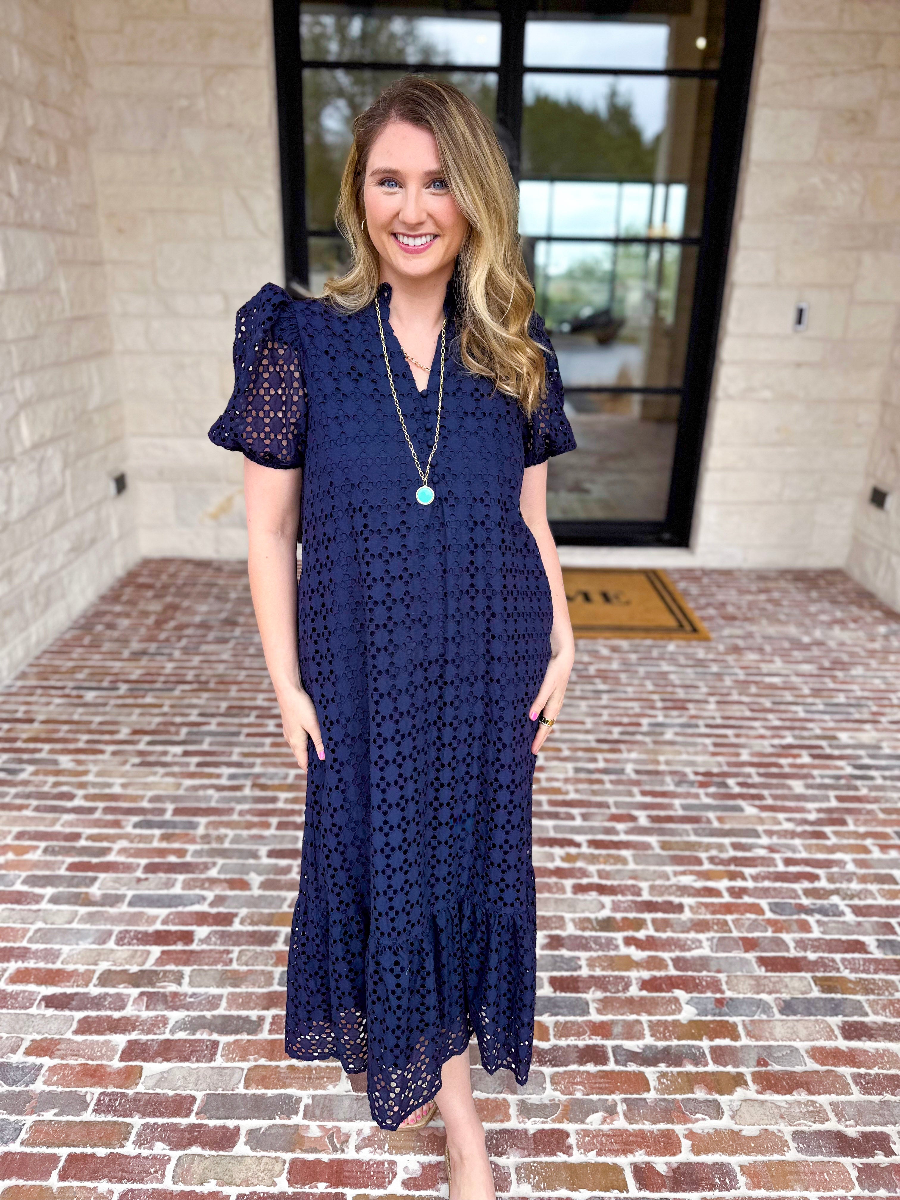 The Graceful Gathering Midi Dress - Navy-500 Midi-ENTRO-July & June Women's Fashion Boutique Located in San Antonio, Texas