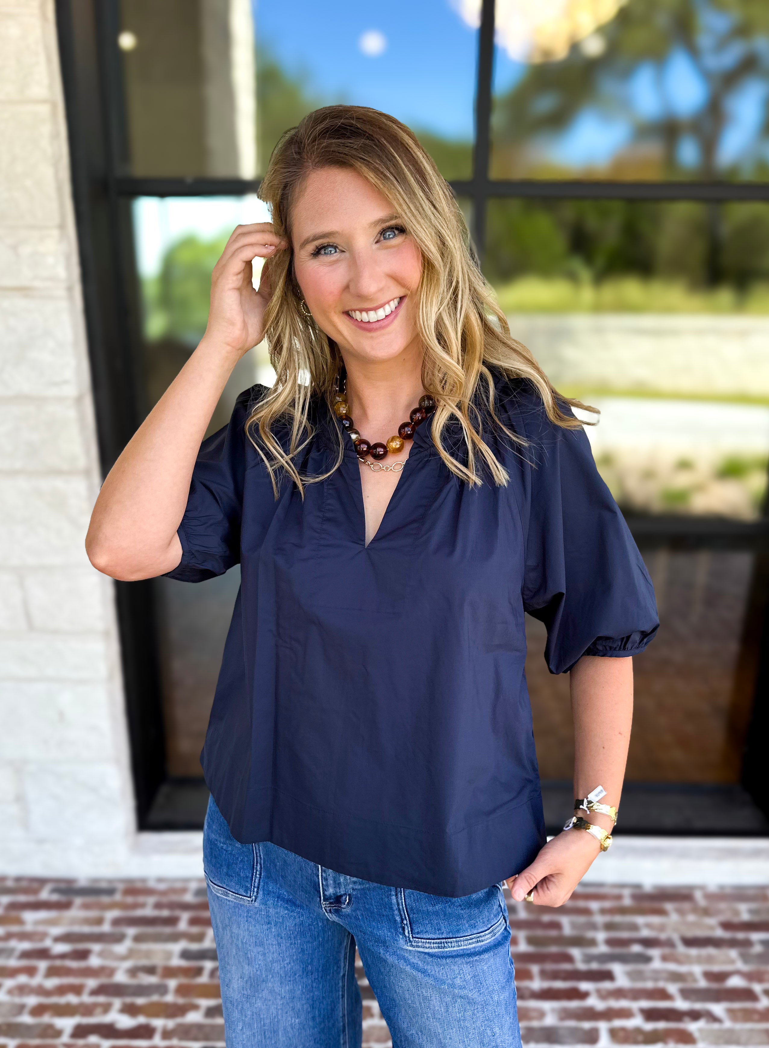 Feminine Everyday V-Neck Blouse - Navy Blue-200 Fashion Blouses-OLIVACEOUS-July & June Women's Fashion Boutique Located in San Antonio, Texas