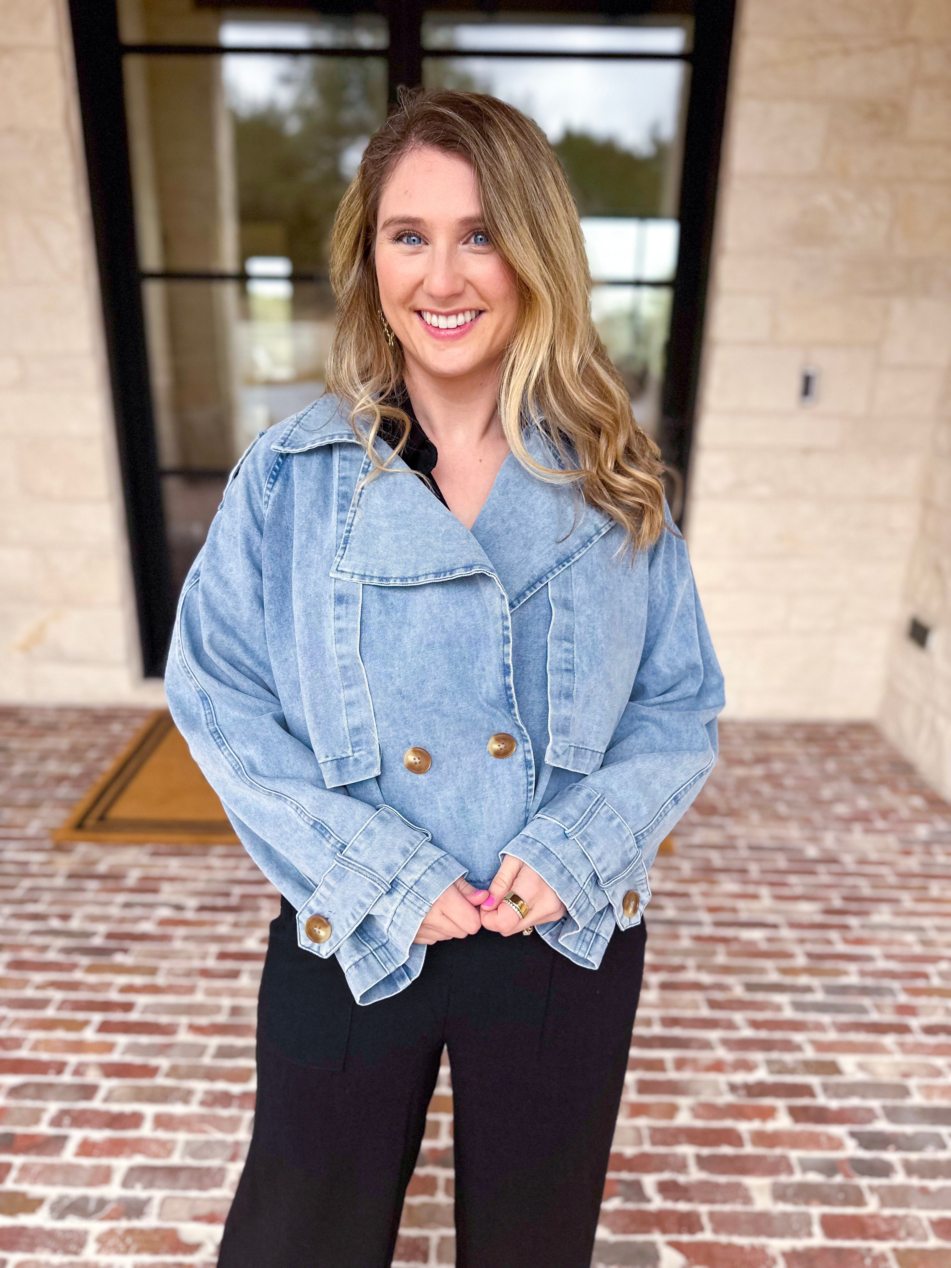 Light Wash Trench Style Denim Jacket-600 Outerwear-TCEC-July & June Women's Fashion Boutique Located in San Antonio, Texas