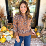 Current Air - Chestnut Paisley Quarter Zip Sweater-230 Sweaters/Cardis-CURRENT AIR CLOTHING-July & June Women's Fashion Boutique Located in San Antonio, Texas