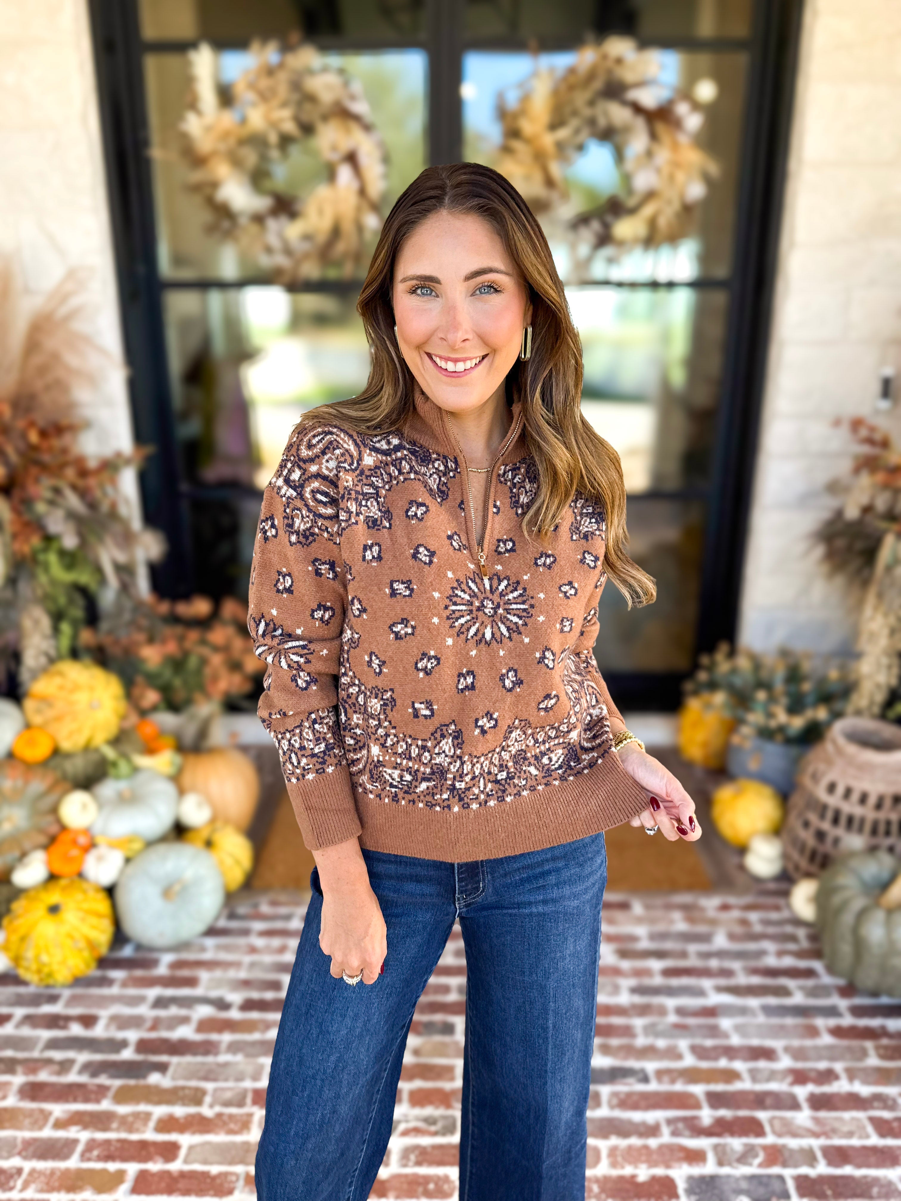 Current Air - Chestnut Paisley Quarter Zip Sweater-230 Sweaters/Cardis-CURRENT AIR CLOTHING-July & June Women's Fashion Boutique Located in San Antonio, Texas