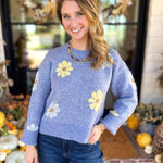 Current Air - Sky Blue Daisy Sweater-230 Sweaters/Cardis-CURRENT AIR CLOTHING-July & June Women's Fashion Boutique Located in San Antonio, Texas