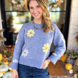 Current Air - Sky Blue Daisy Sweater-230 Sweaters/Cardis-CURRENT AIR CLOTHING-July & June Women's Fashion Boutique Located in San Antonio, Texas