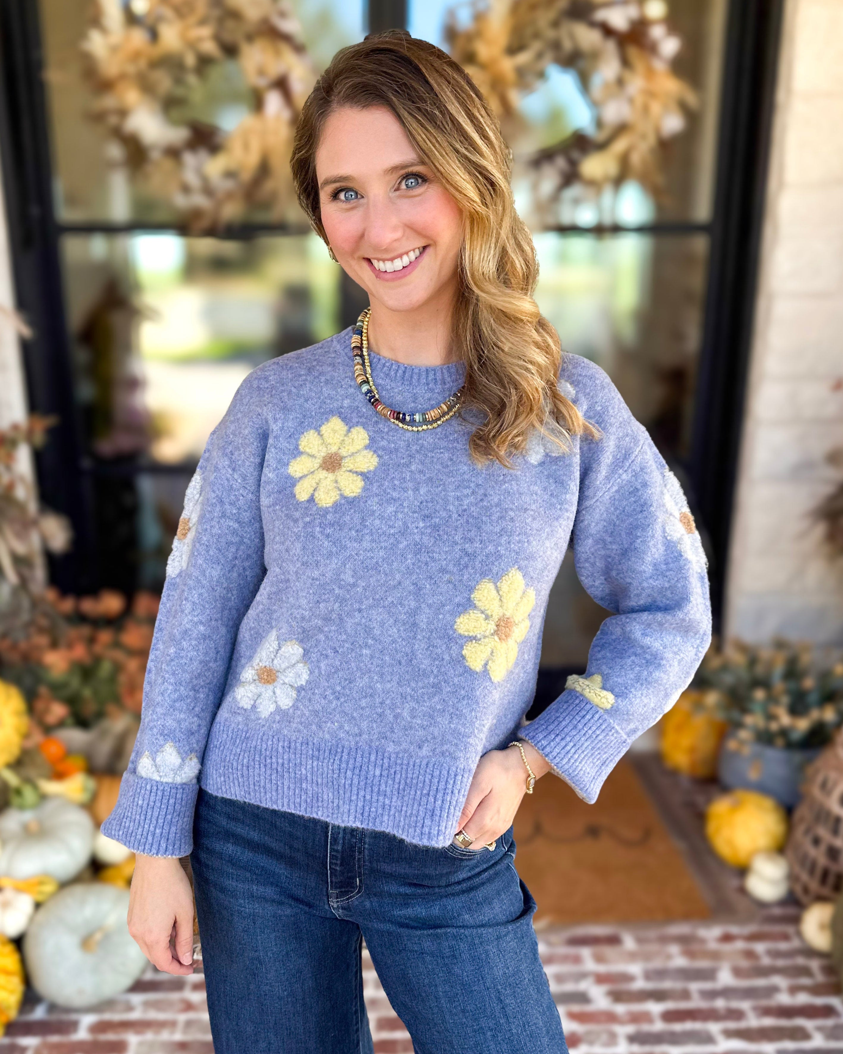 Current Air - Sky Blue Daisy Sweater-230 Sweaters/Cardis-CURRENT AIR CLOTHING-July & June Women's Fashion Boutique Located in San Antonio, Texas