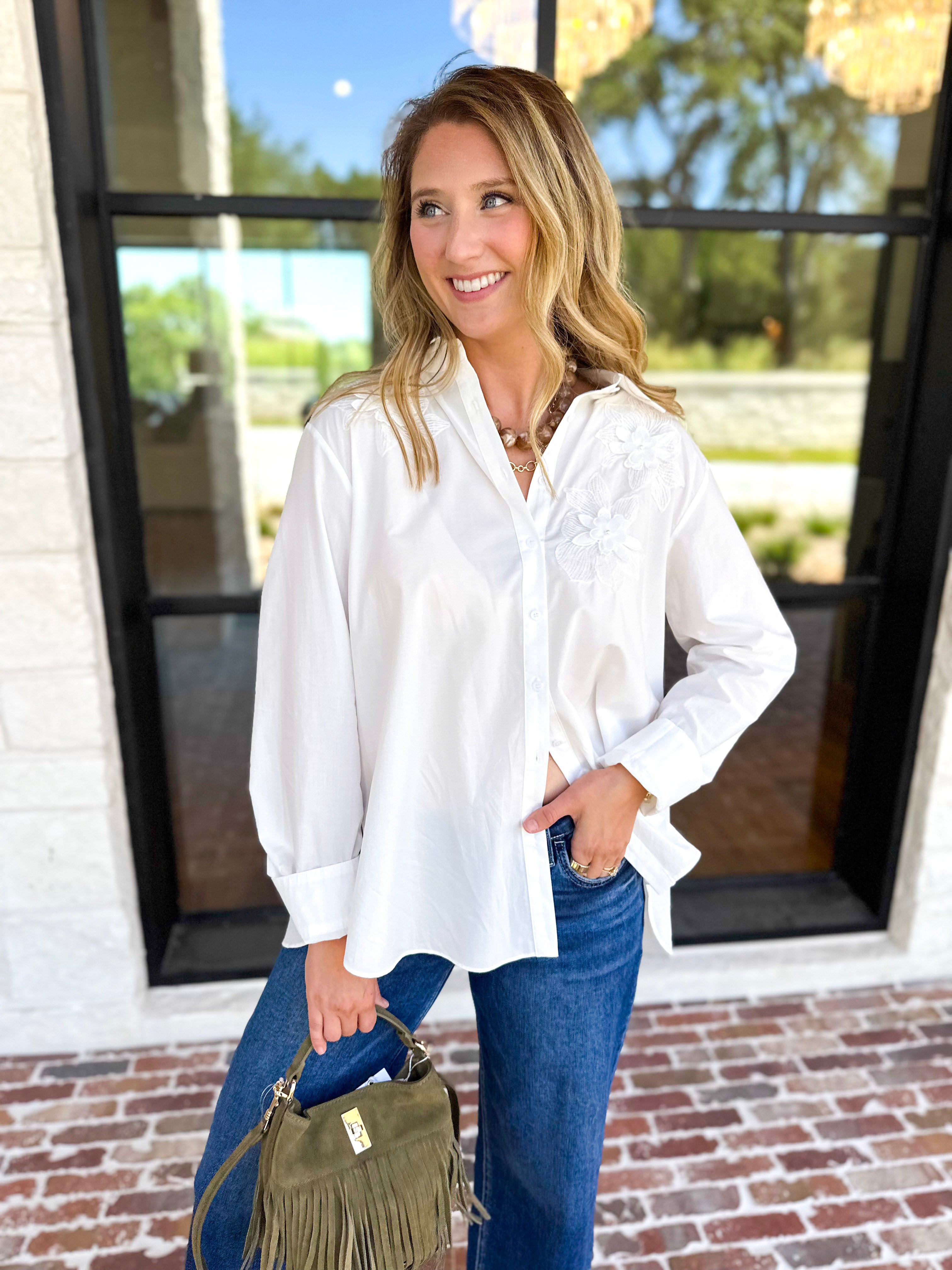 Current Air - Crisp White Floral Button Down Blouse-200 Fashion Blouses-CURRENT AIR CLOTHING-July & June Women's Fashion Boutique Located in San Antonio, Texas