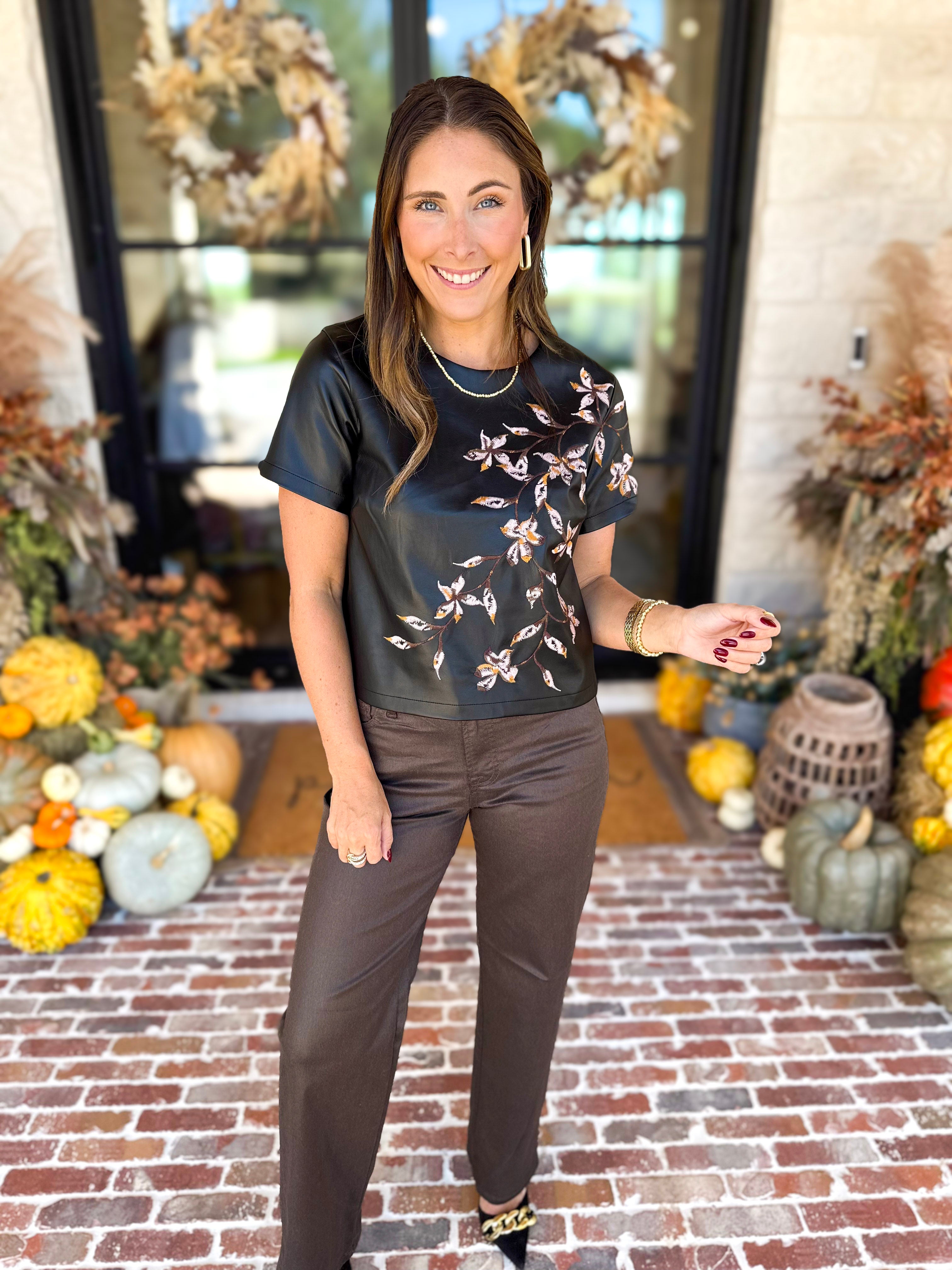 Liverpool - Chic Faux Leather Floral Tee-200 Fashion Blouses-LIVERPOOL JEANS COMPANY-July & June Women's Fashion Boutique Located in San Antonio, Texas