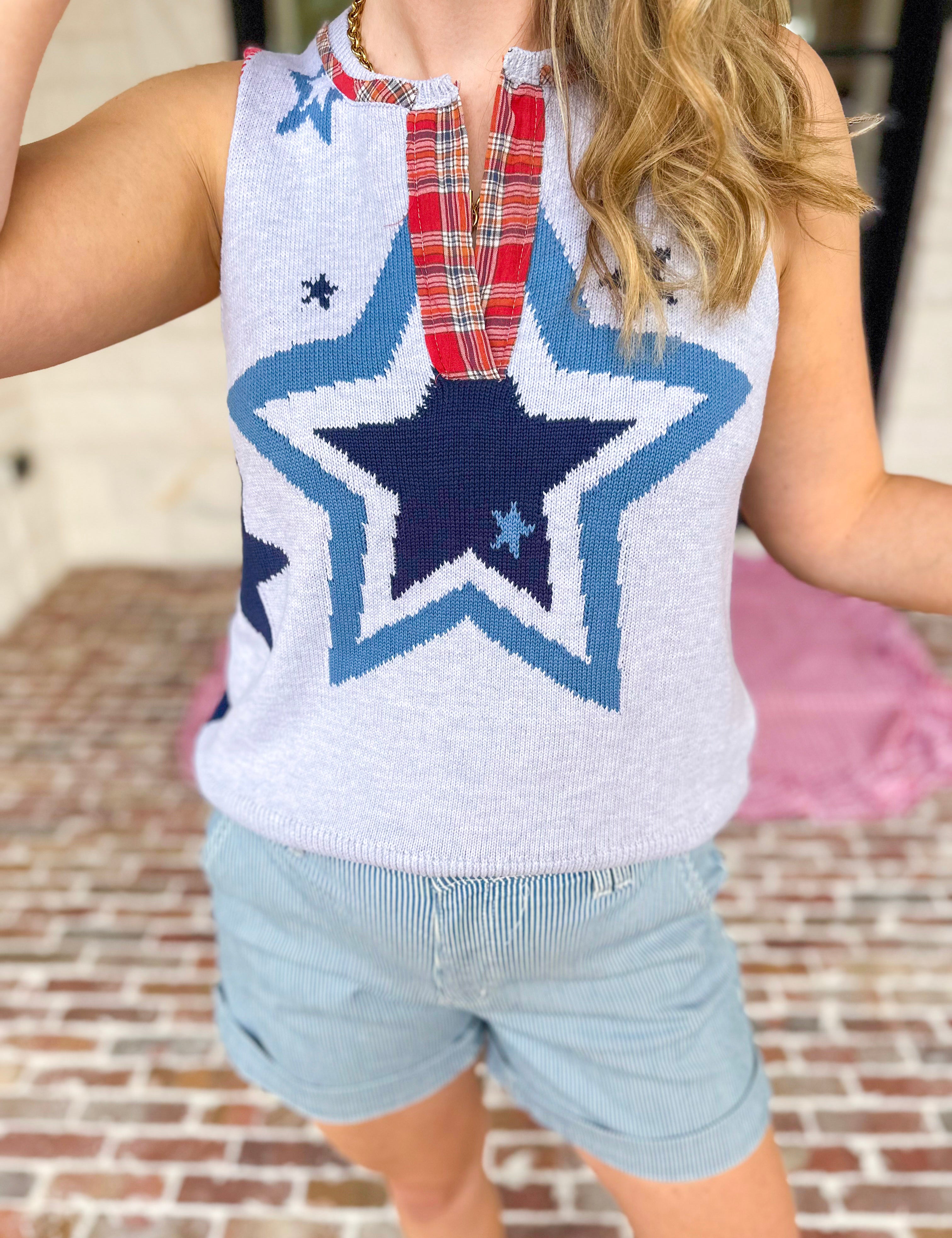 Flannel Patchwork Star Knit Top-230 Sweaters/Cardis-FATE-July & June Women's Fashion Boutique Located in San Antonio, Texas