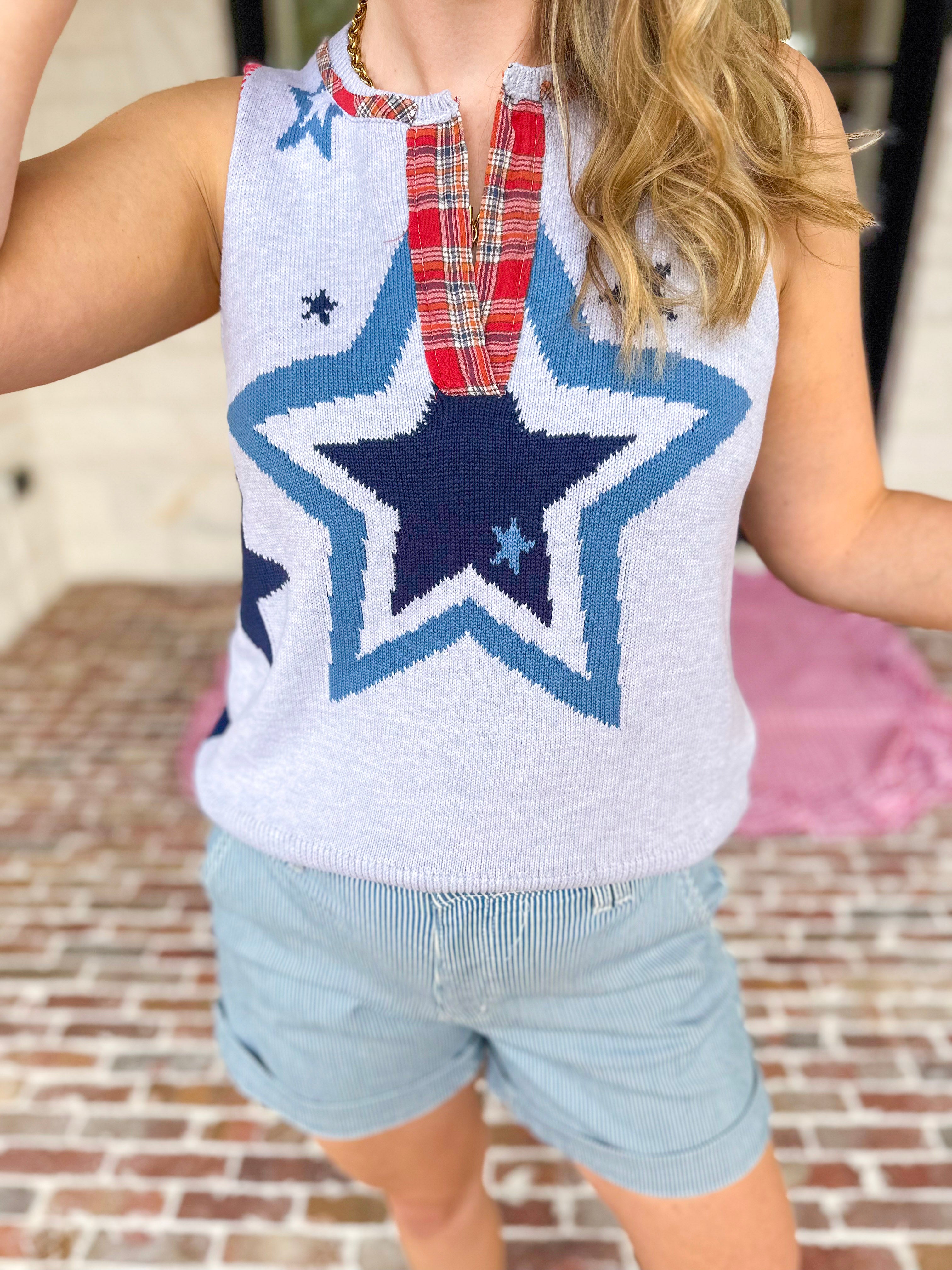Flannel Patchwork Star Knit Top-230 Sweaters/Cardis-FATE-July & June Women's Fashion Boutique Located in San Antonio, Texas