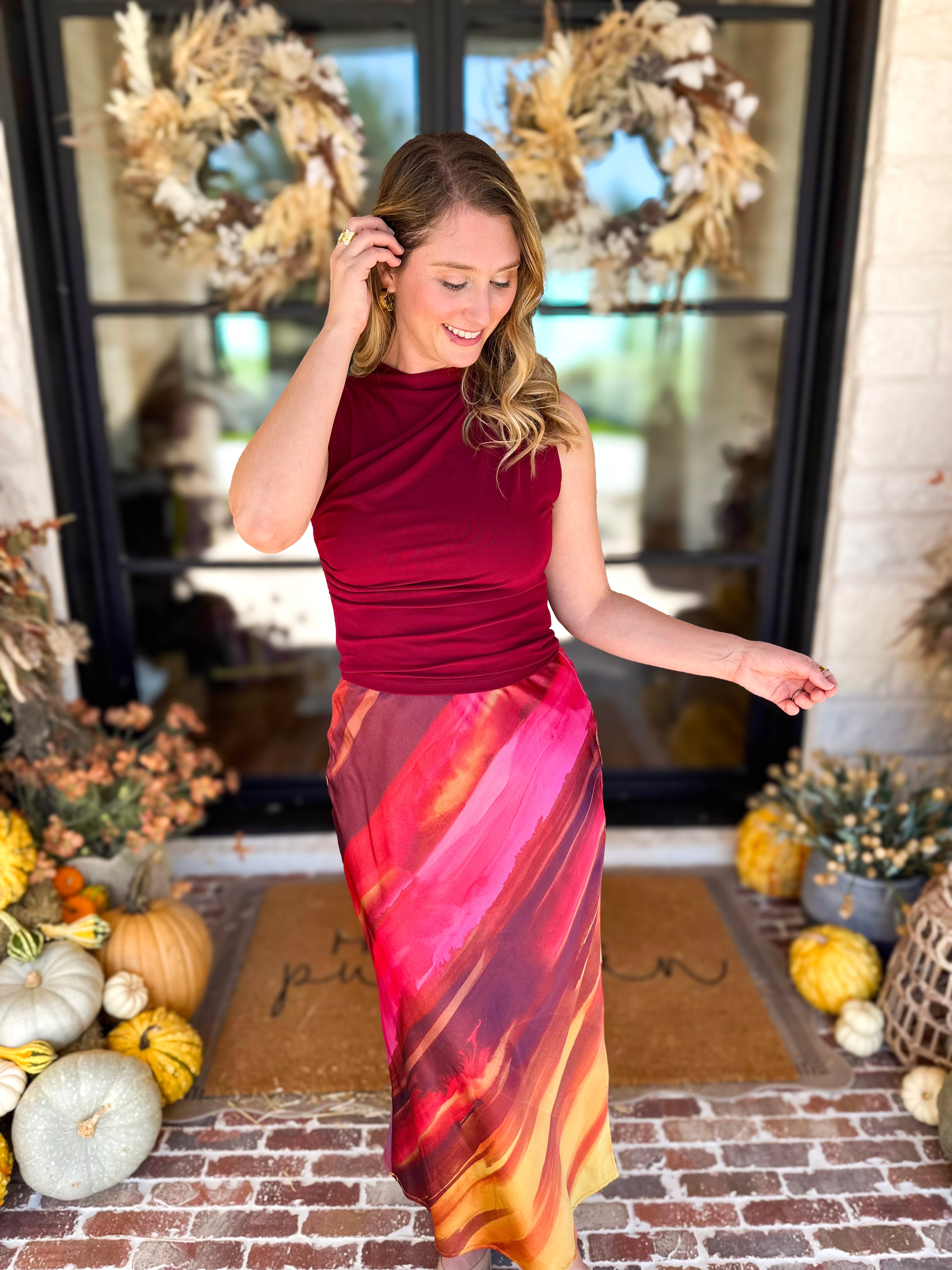 Golden Sunset Satin Midi Skirt-410 Shorts/Skirts-DRESS FORUM-July & June Women's Fashion Boutique Located in San Antonio, Texas