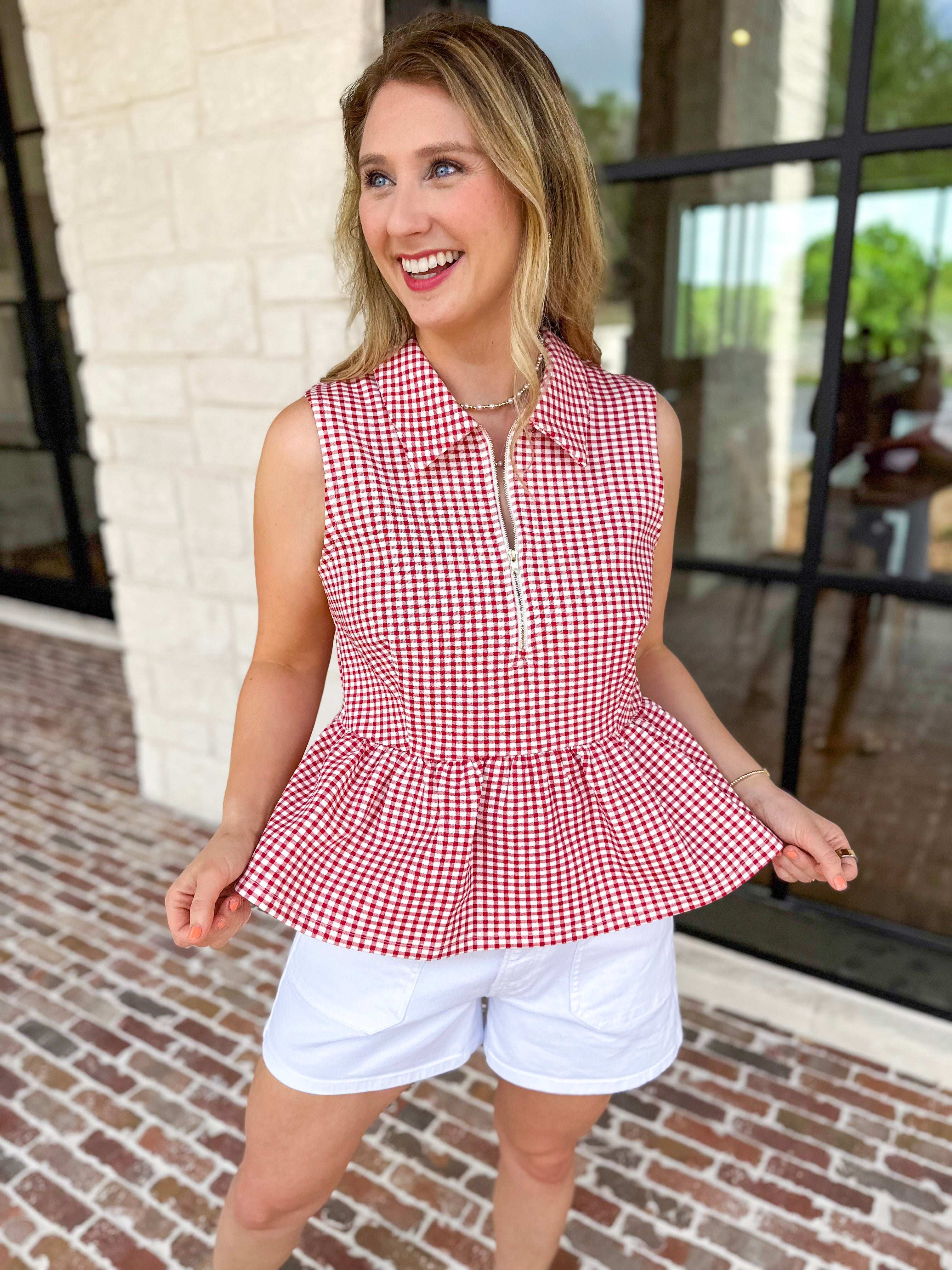 Sweetheart Gingham Red Blouse-200 Fashion Blouses-ENTRO-July & June Women's Fashion Boutique Located in San Antonio, Texas