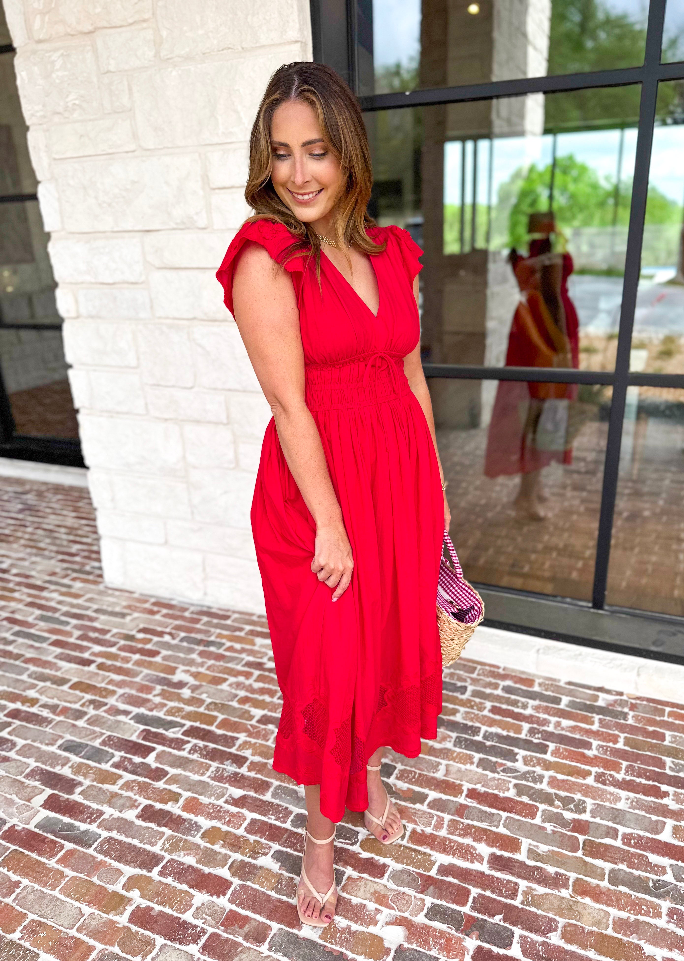 Current Air - Bold Red Blooms Midi Dress-500 Midi-CURRENT AIR CLOTHING-July & June Women's Fashion Boutique Located in San Antonio, Texas