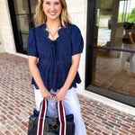 Current Air - Navy Eyelet Blouse-200 Fashion Blouses-CURRENT AIR CLOTHING-July & June Women's Fashion Boutique Located in San Antonio, Texas