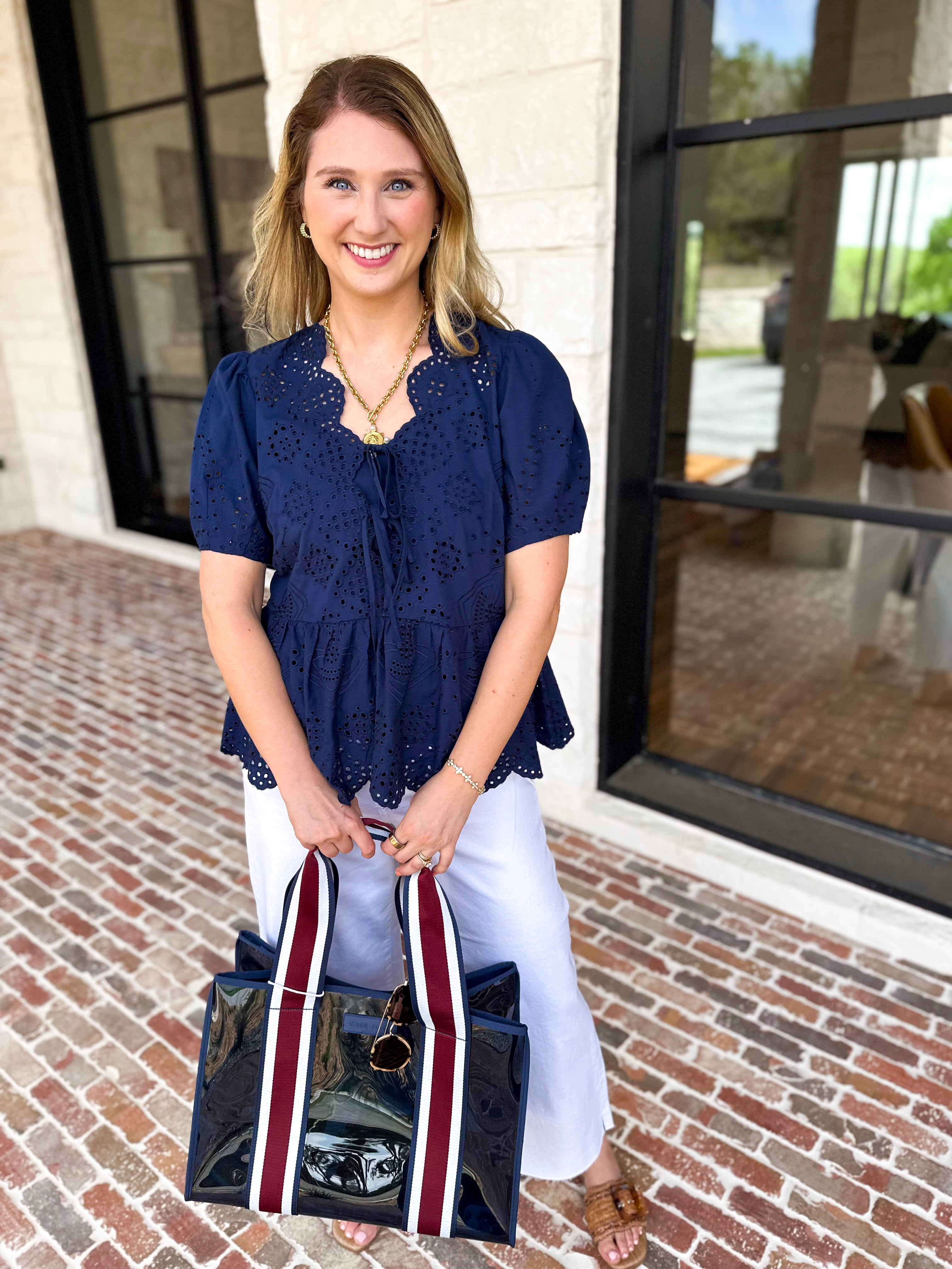 Current Air - Navy Eyelet Blouse-200 Fashion Blouses-CURRENT AIR CLOTHING-July & June Women's Fashion Boutique Located in San Antonio, Texas