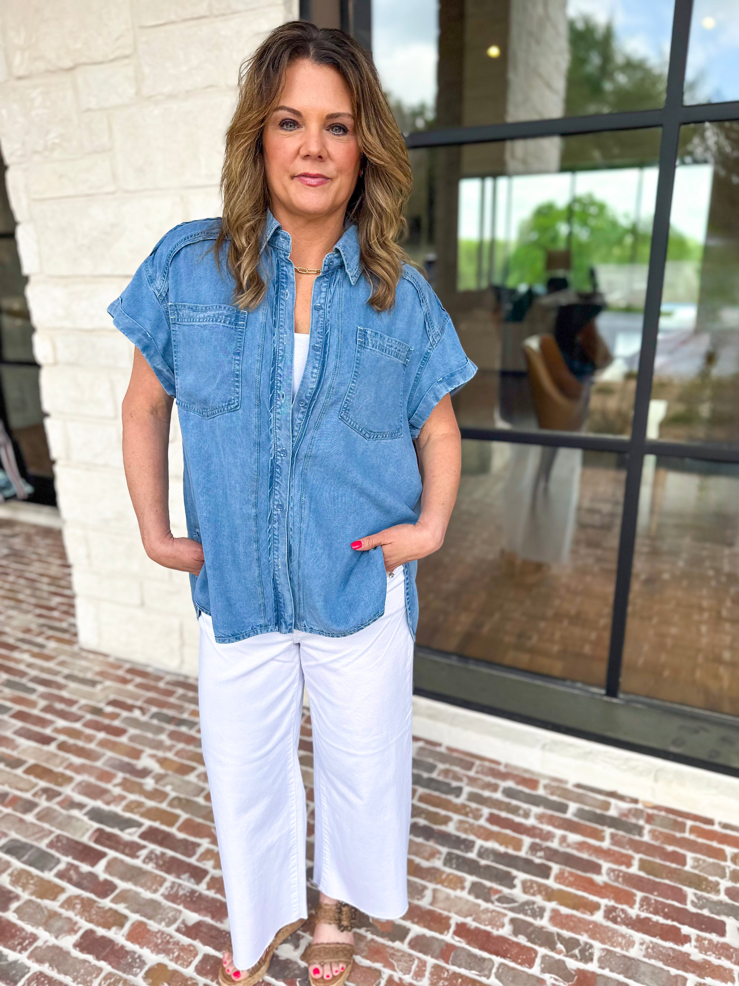 Denim Tencel Button Down Blouse-200 Fashion Blouses-RAE MODE-July & June Women's Fashion Boutique Located in San Antonio, Texas