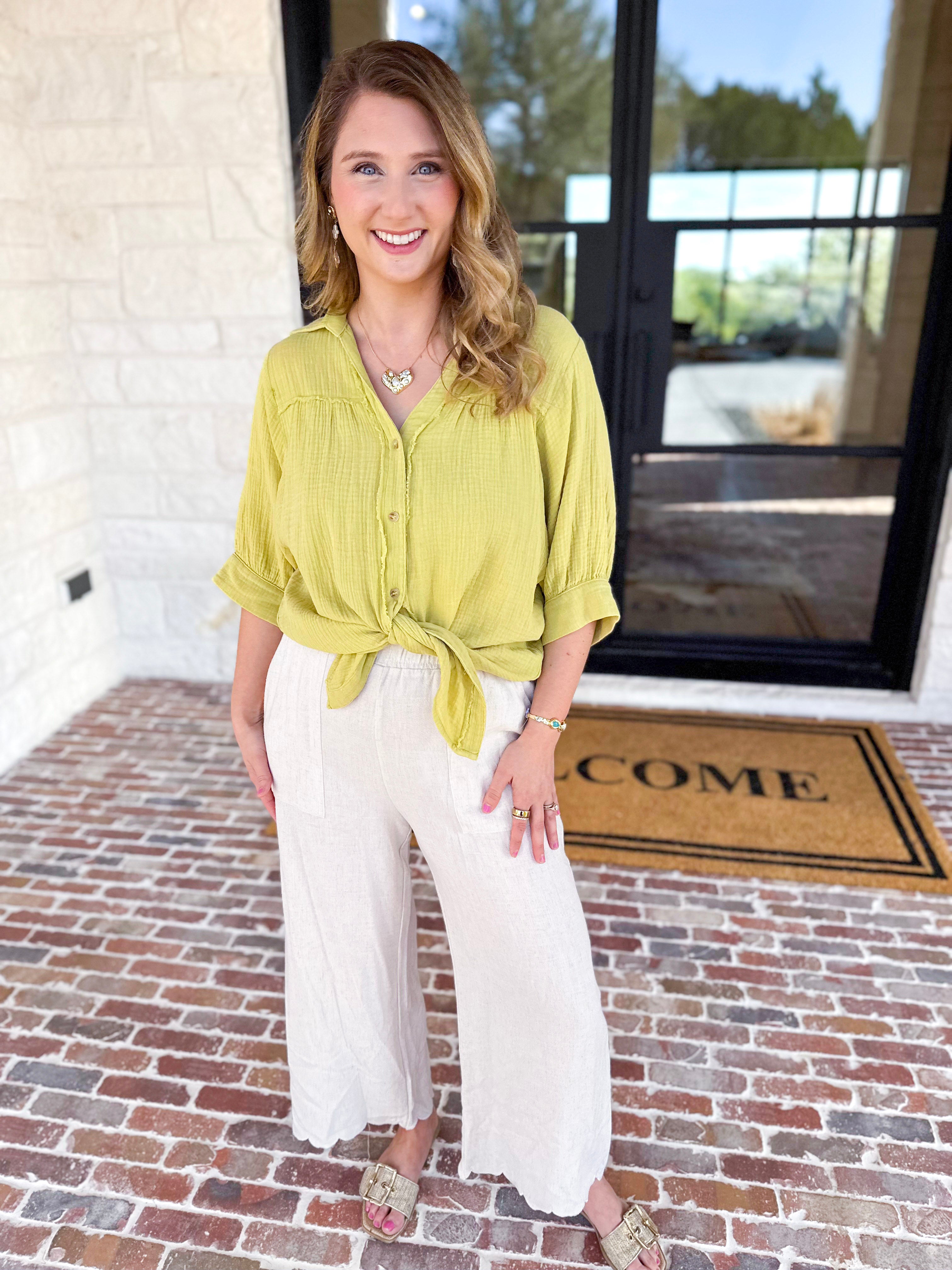 Gauze Button Down Blouse - Chartreuse-200 Fashion Blouses-IN FEBRUARY-July & June Women's Fashion Boutique Located in San Antonio, Texas
