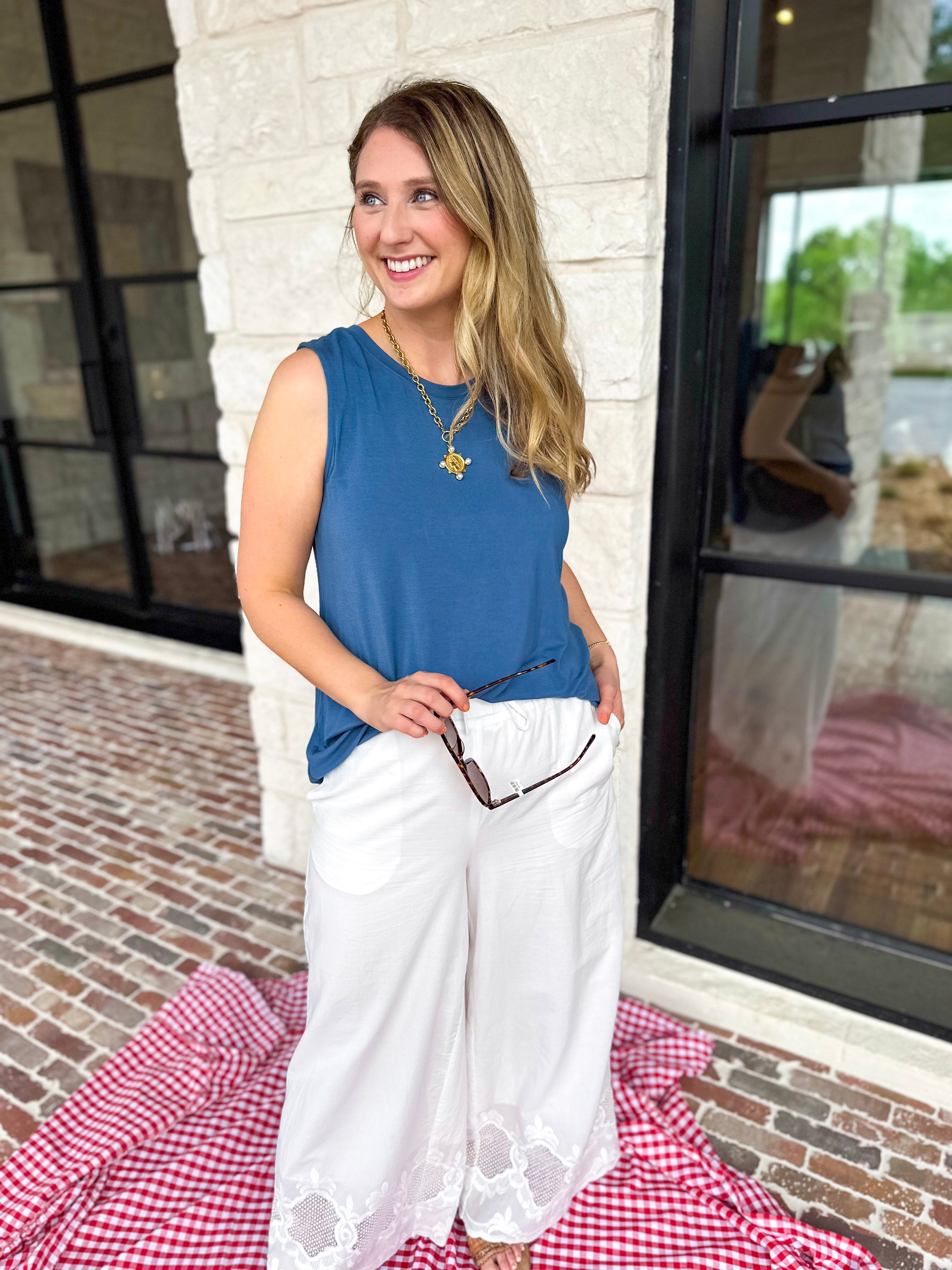 LIVERPOOL - French Blue Scoop Tank-210 Casual Blouses-LIVERPOOL JEANS COMPANY-July & June Women's Fashion Boutique Located in San Antonio, Texas