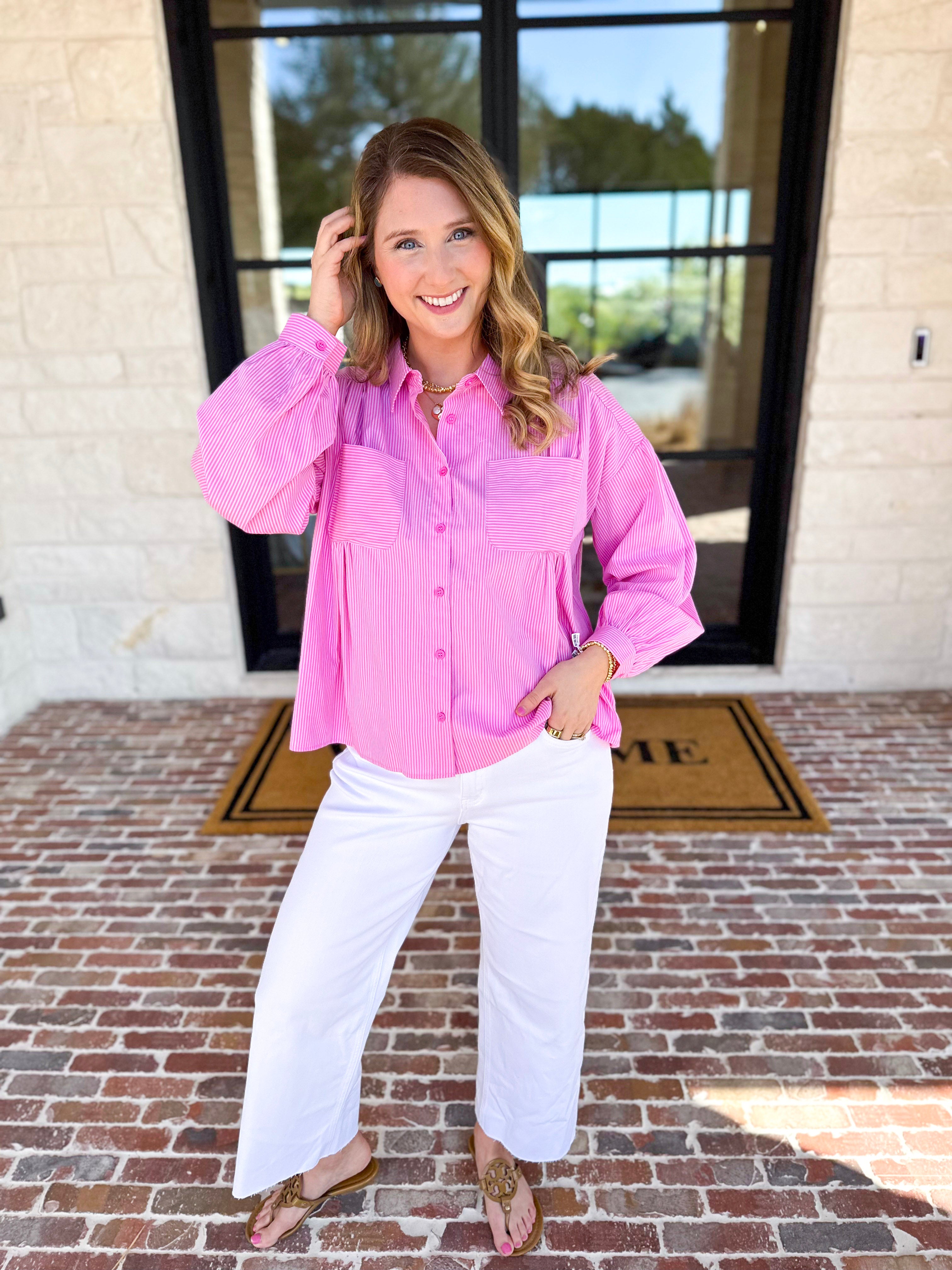 Pink Pinstripe Button Down Blouse-200 Fashion Blouses-FATE-July & June Women's Fashion Boutique Located in San Antonio, Texas