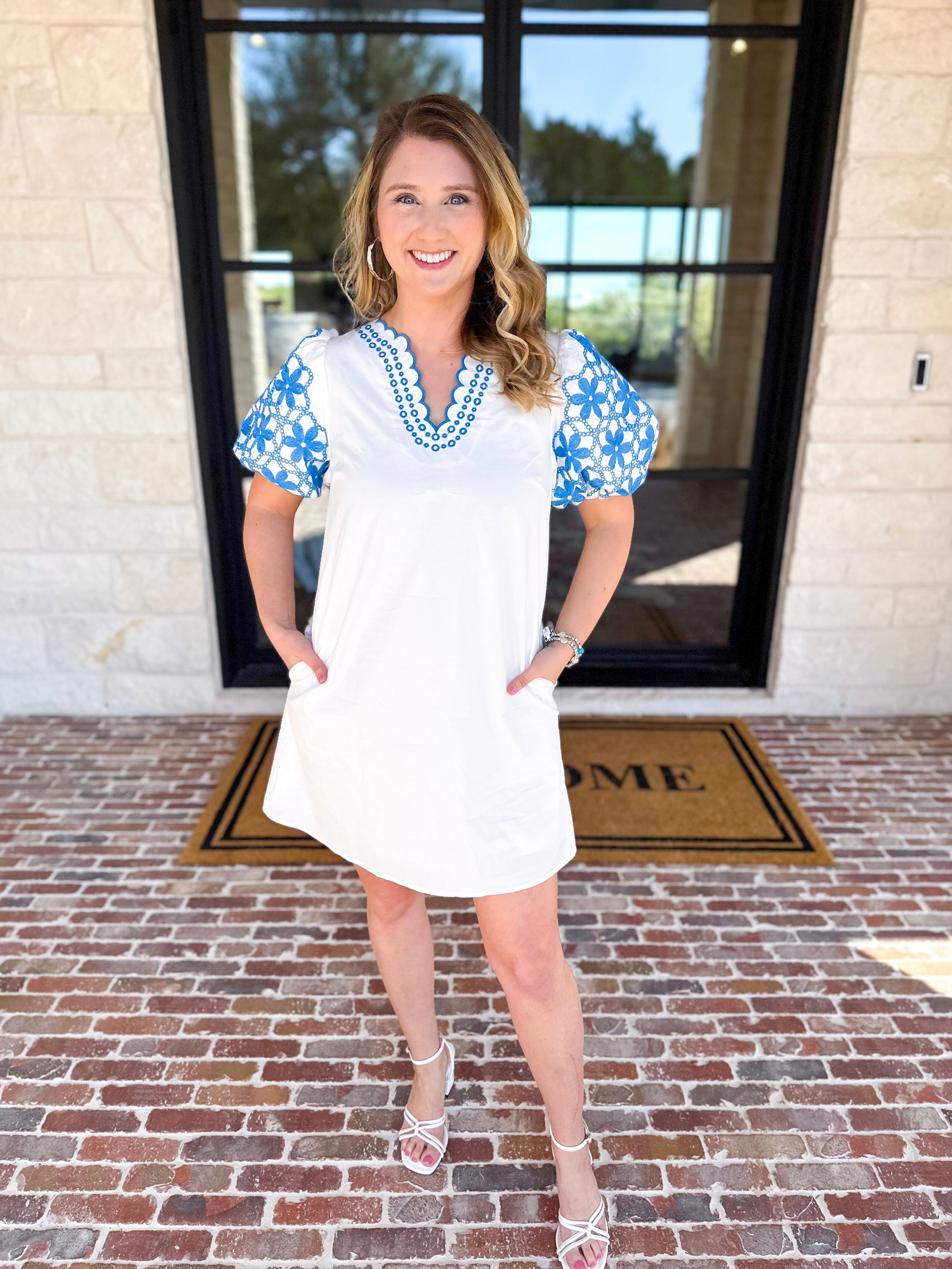 Ivory & Bold Blue Mini Dres-510 Mini-ENTRO-July & June Women's Fashion Boutique Located in San Antonio, Texas