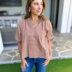 August Gingham Blouse - Golden Tan-200 Fashion Blouses-OLIVACEOUS-July & June Women's Fashion Boutique Located in San Antonio, Texas