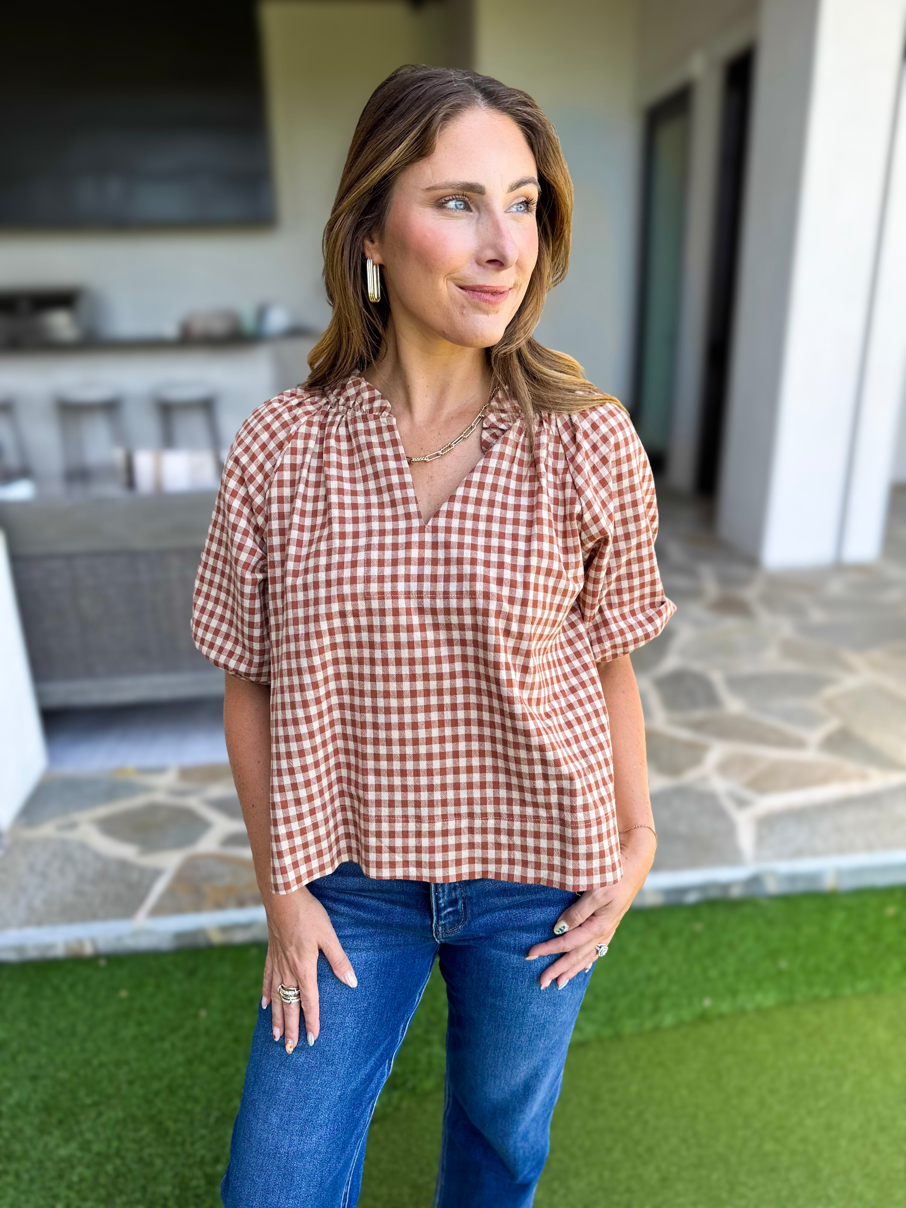 August Gingham Blouse - Golden Tan-200 Fashion Blouses-OLIVACEOUS-July & June Women's Fashion Boutique Located in San Antonio, Texas
