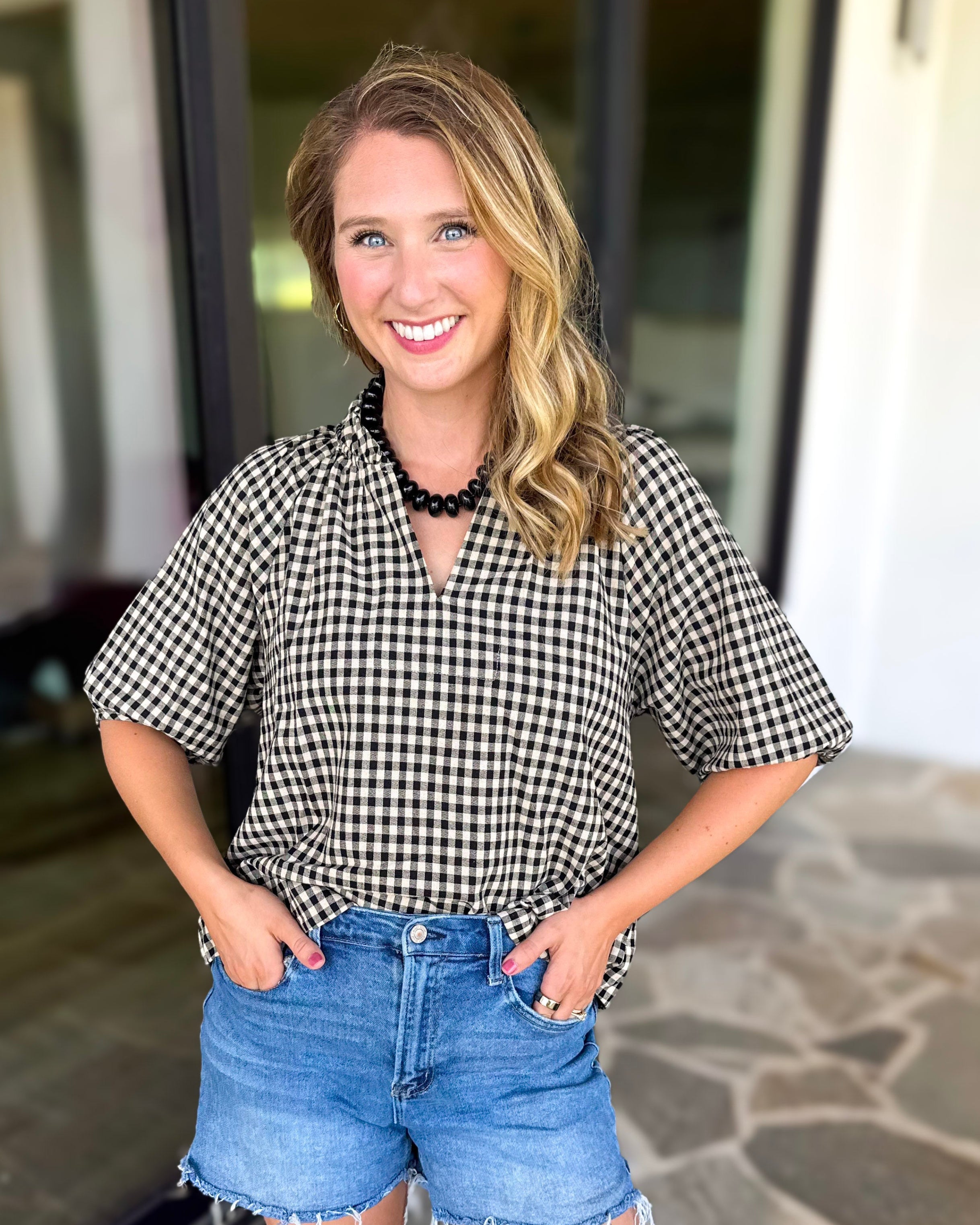 August Gingham Blouse - Black-200 Fashion Blouses-OLIVACEOUS-July & June Women's Fashion Boutique Located in San Antonio, Texas