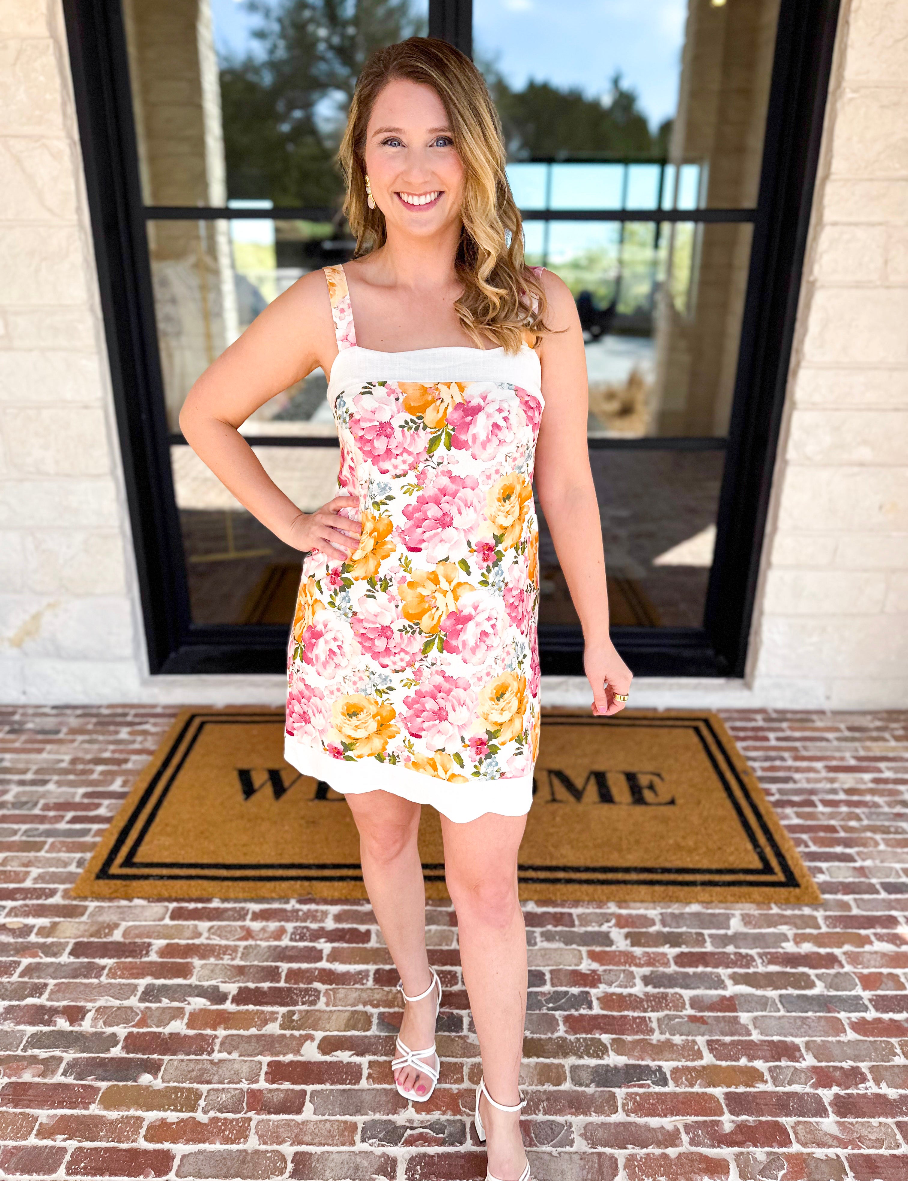 Cream & Floral Scalloped Mini Dress-510 Mini-FATE-July & June Women's Fashion Boutique Located in San Antonio, Texas