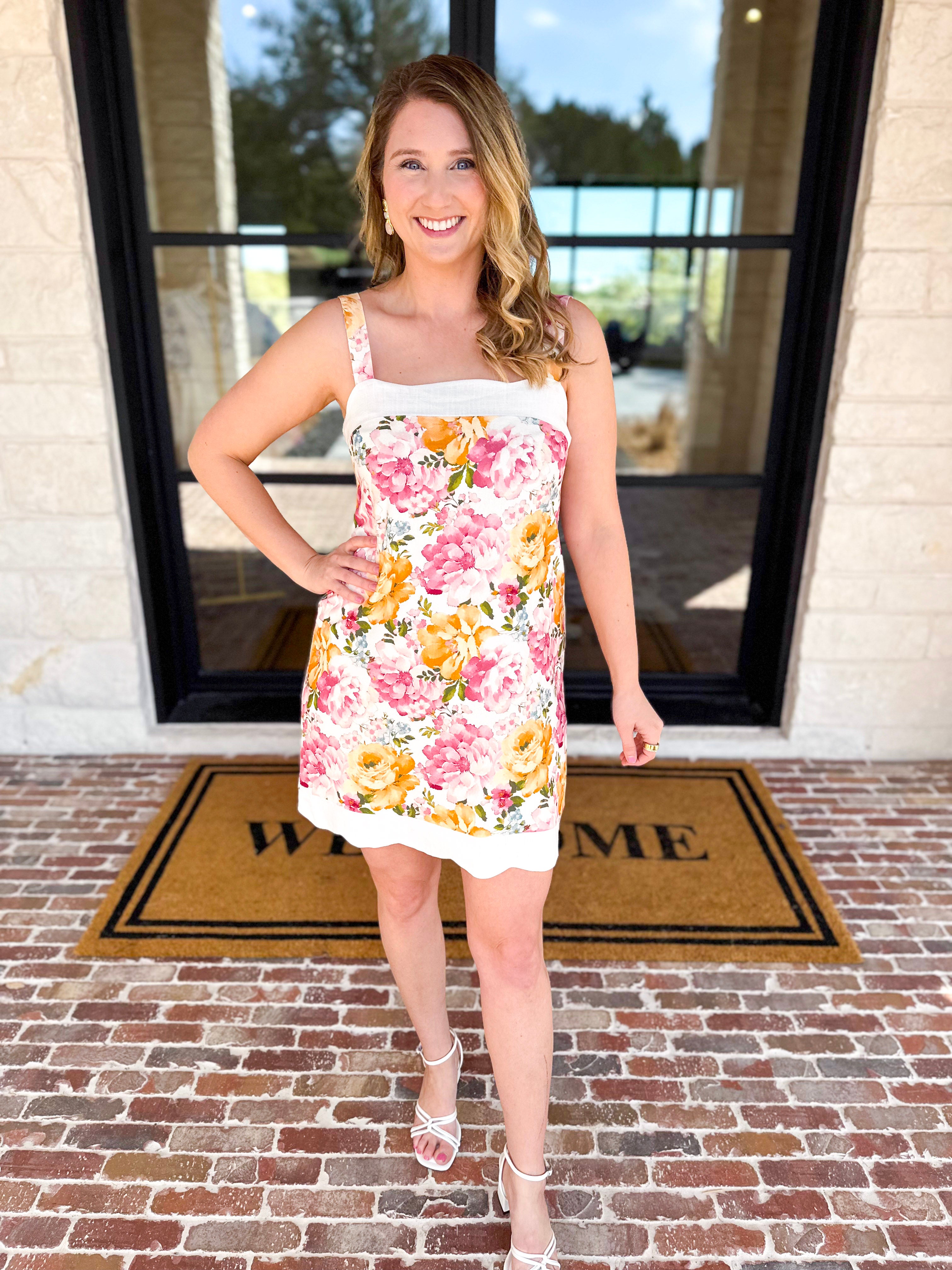 Cream & Floral Scalloped Mini Dress-510 Mini-FATE-July & June Women's Fashion Boutique Located in San Antonio, Texas