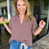 August Gingham Blouse - Maroon-200 Fashion Blouses-OLIVACEOUS-July & June Women's Fashion Boutique Located in San Antonio, Texas