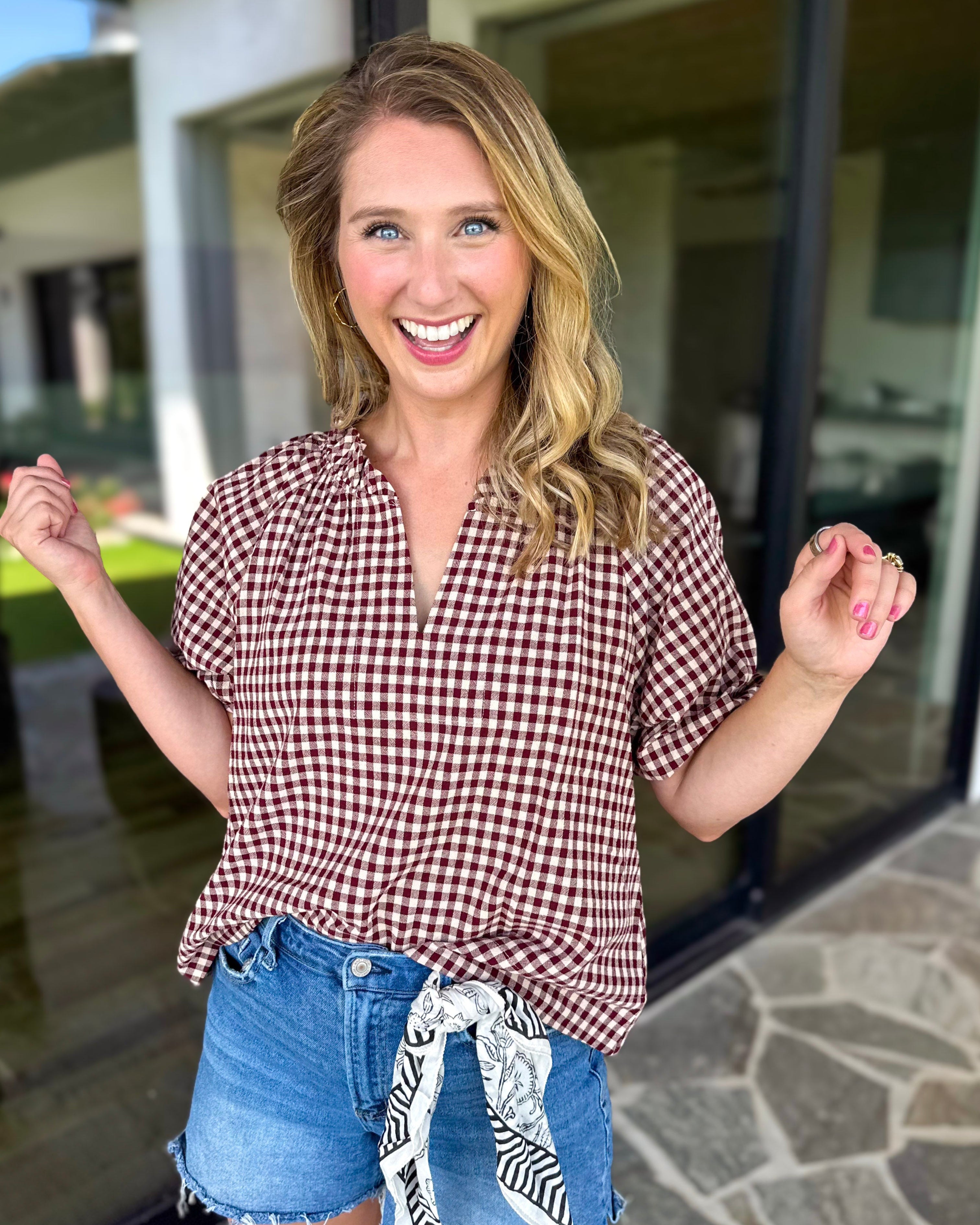 August Gingham Blouse - Maroon-200 Fashion Blouses-OLIVACEOUS-July & June Women's Fashion Boutique Located in San Antonio, Texas
