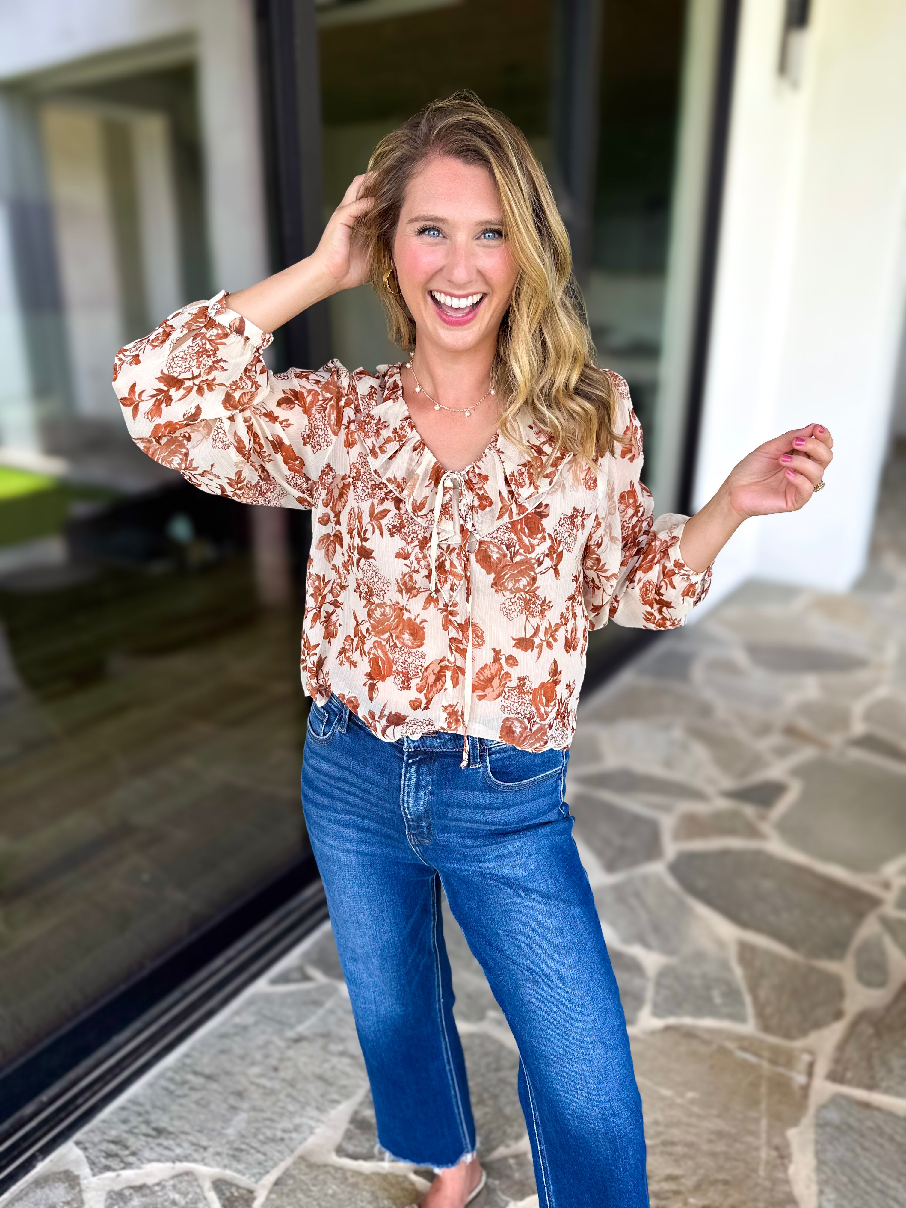 Verona Floral Blouse-200 Fashion Blouses-OLIVACEOUS-July & June Women's Fashion Boutique Located in San Antonio, Texas