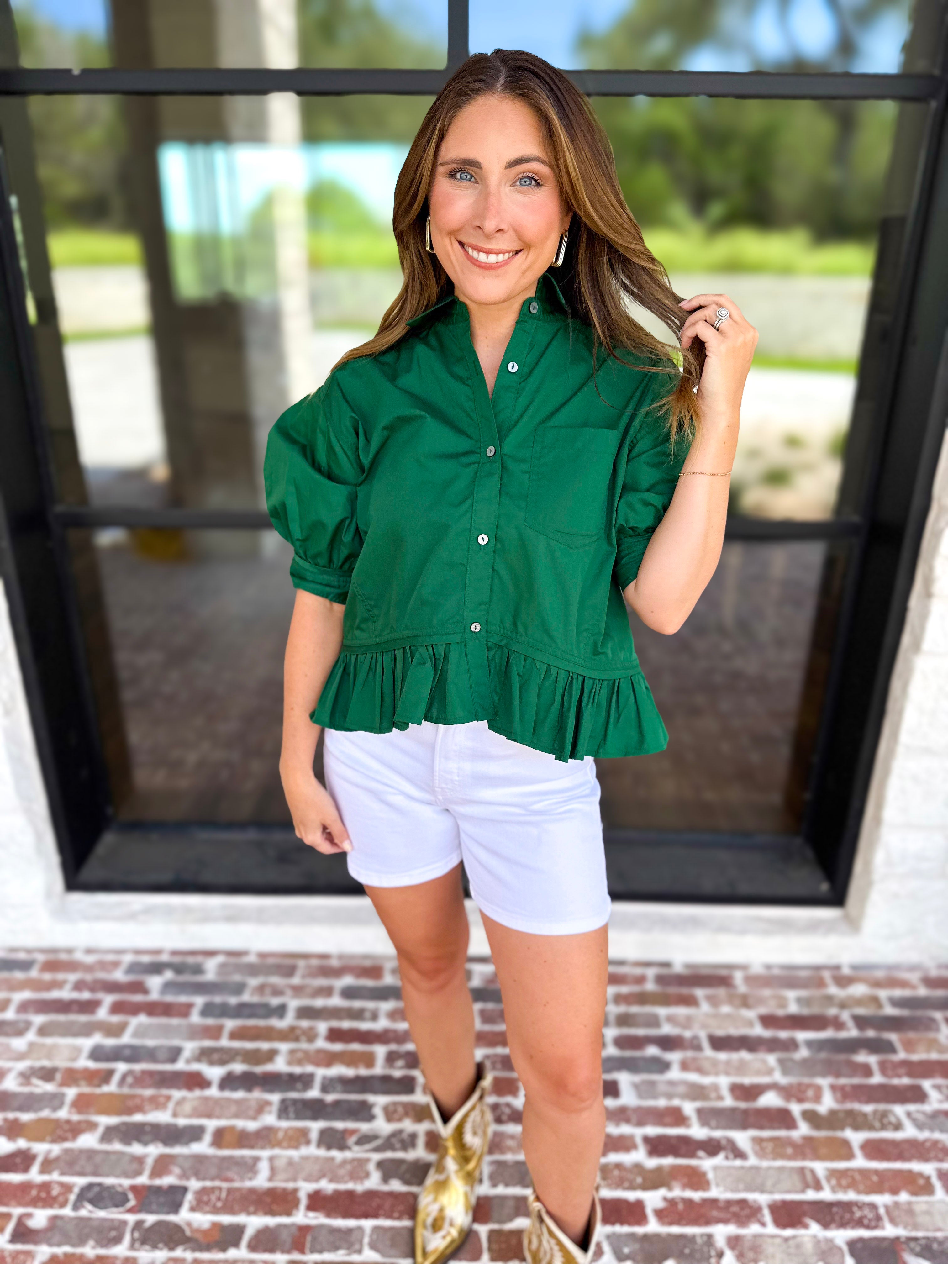 Effortless Ruffle Hem Blouse - Hunter Green-200 Fashion Blouses-ENTRO-July & June Women's Fashion Boutique Located in San Antonio, Texas