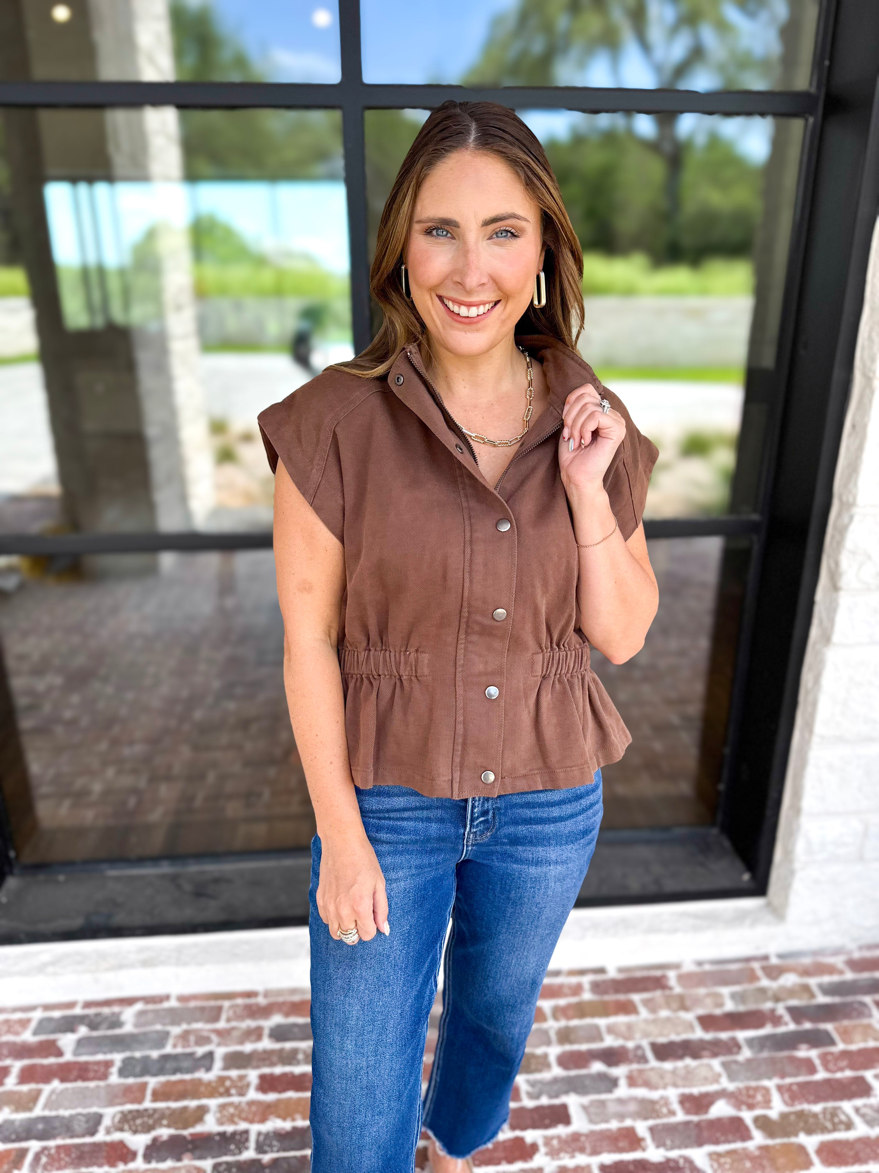 Worn Well Zip-Up Top - Brown-200 Fashion Blouses-ENTRO-July & June Women's Fashion Boutique Located in San Antonio, Texas