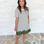 Stripes & Lace Shift Dress - Olive & Cream-510 Mini-ENTRO-July & June Women's Fashion Boutique Located in San Antonio, Texas
