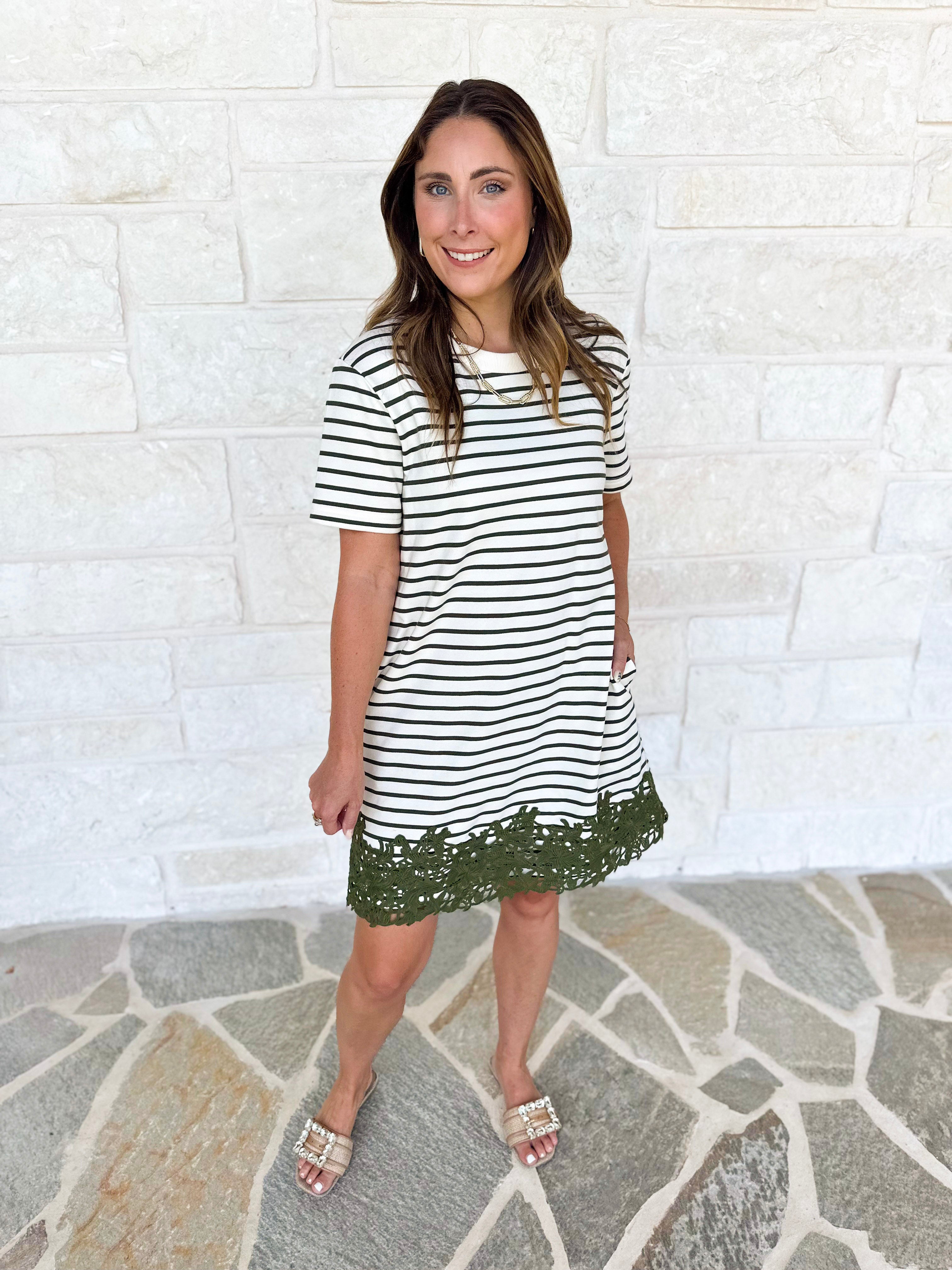 Stripes & Lace Shift Dress - Olive & Cream-510 Mini-ENTRO-July & June Women's Fashion Boutique Located in San Antonio, Texas